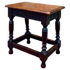 Antique English Footstool Bench Stool Joint Stool Turned Leg Carved Oak c. 1900