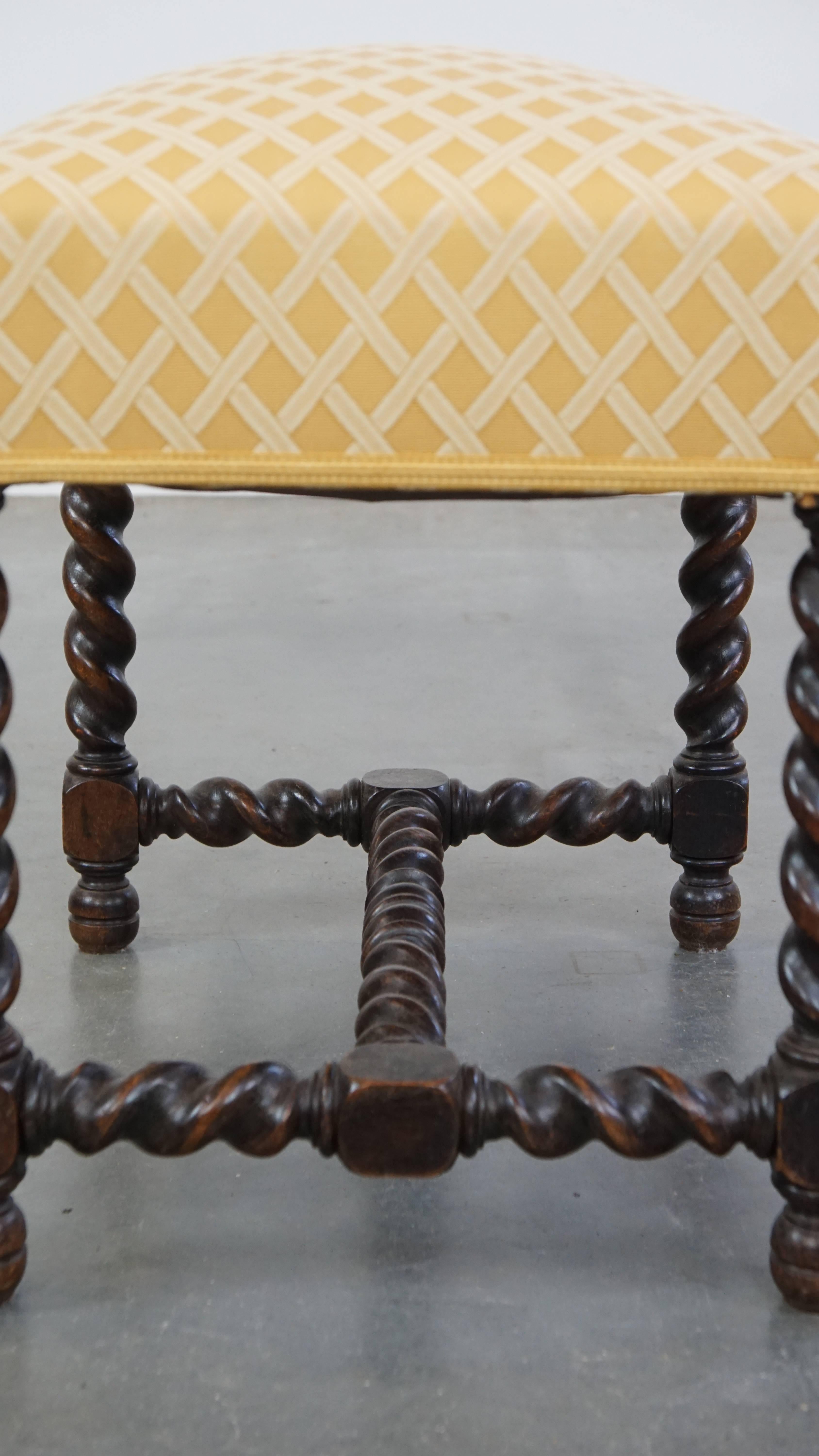 Cotton Antique English Footstool/ Ottoman with Turned Legs from the 19th Century For Sale