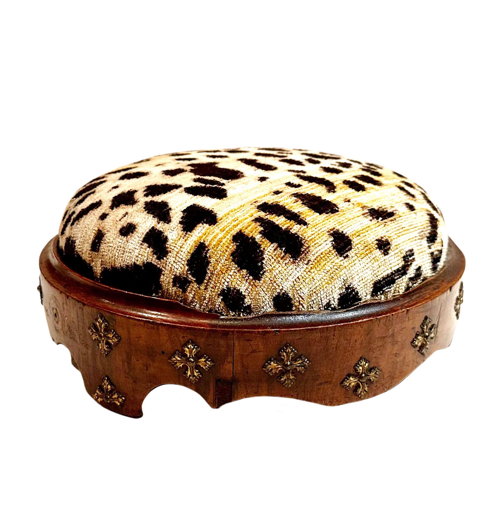 Brass Antique English Footstool With Vintage Scalamandré   For Sale