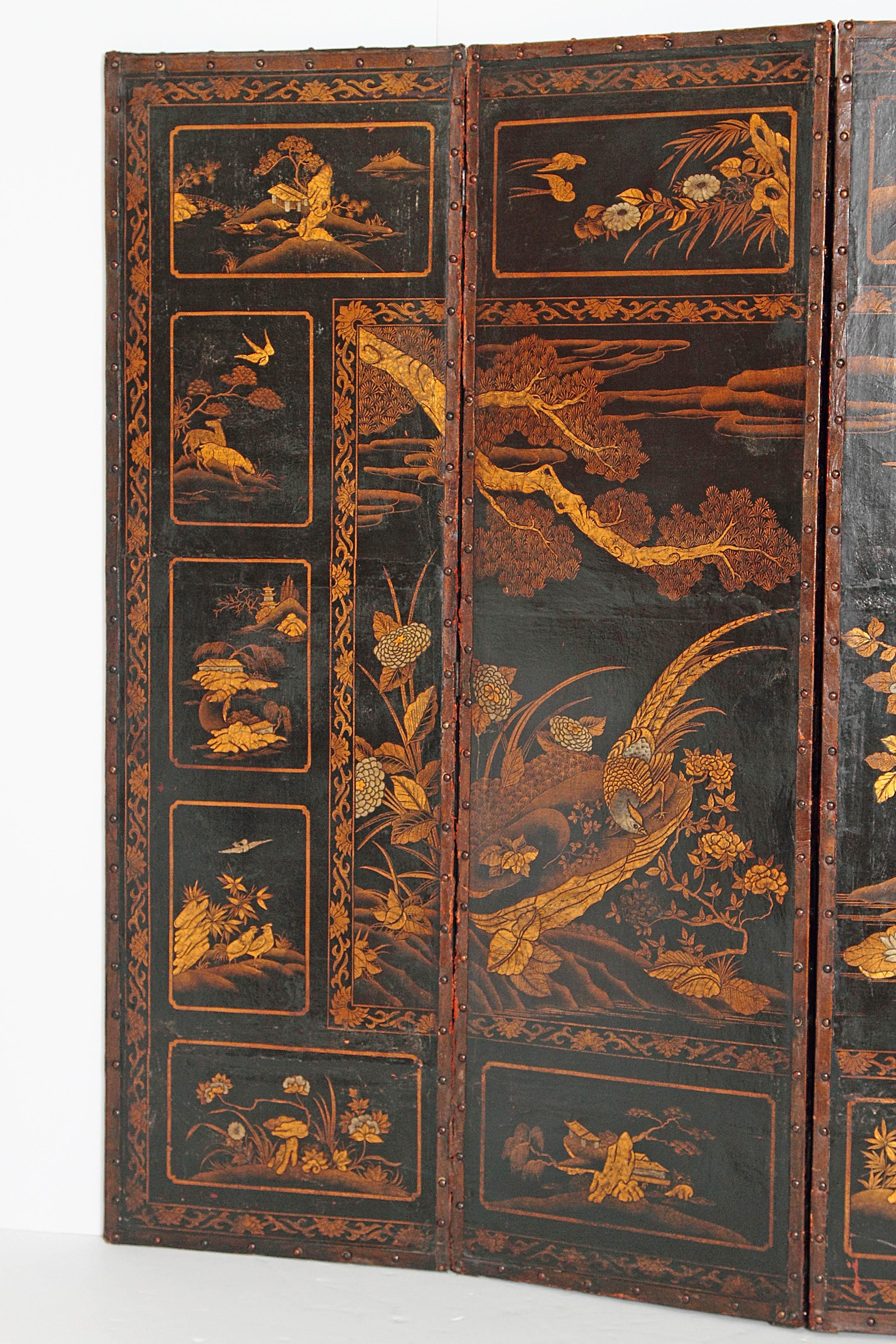 Chinoiserie Antique English Four-Panel Leather Folding Screen