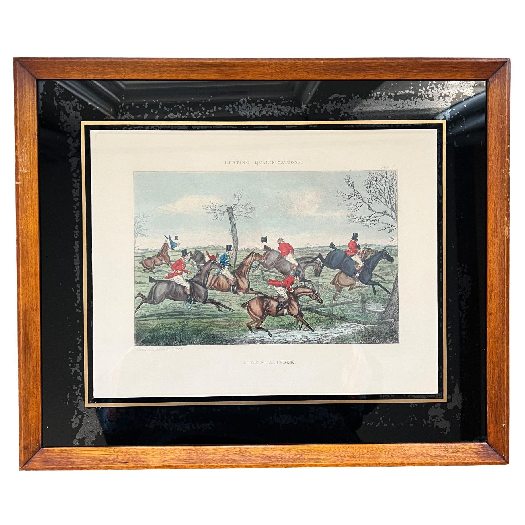 Antique English Framed Fox Horse Back Hunting Print — “Slap at a Brook” 1800s