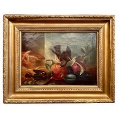 Antique English Framed Oil on Canvas Painting of Starlings on Fruit, circa 1900