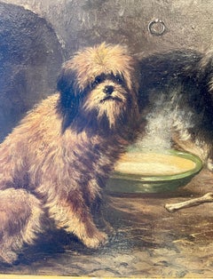 Antique English Framed Oil Painting on Wood Panel of Dogs, Circa 1920's