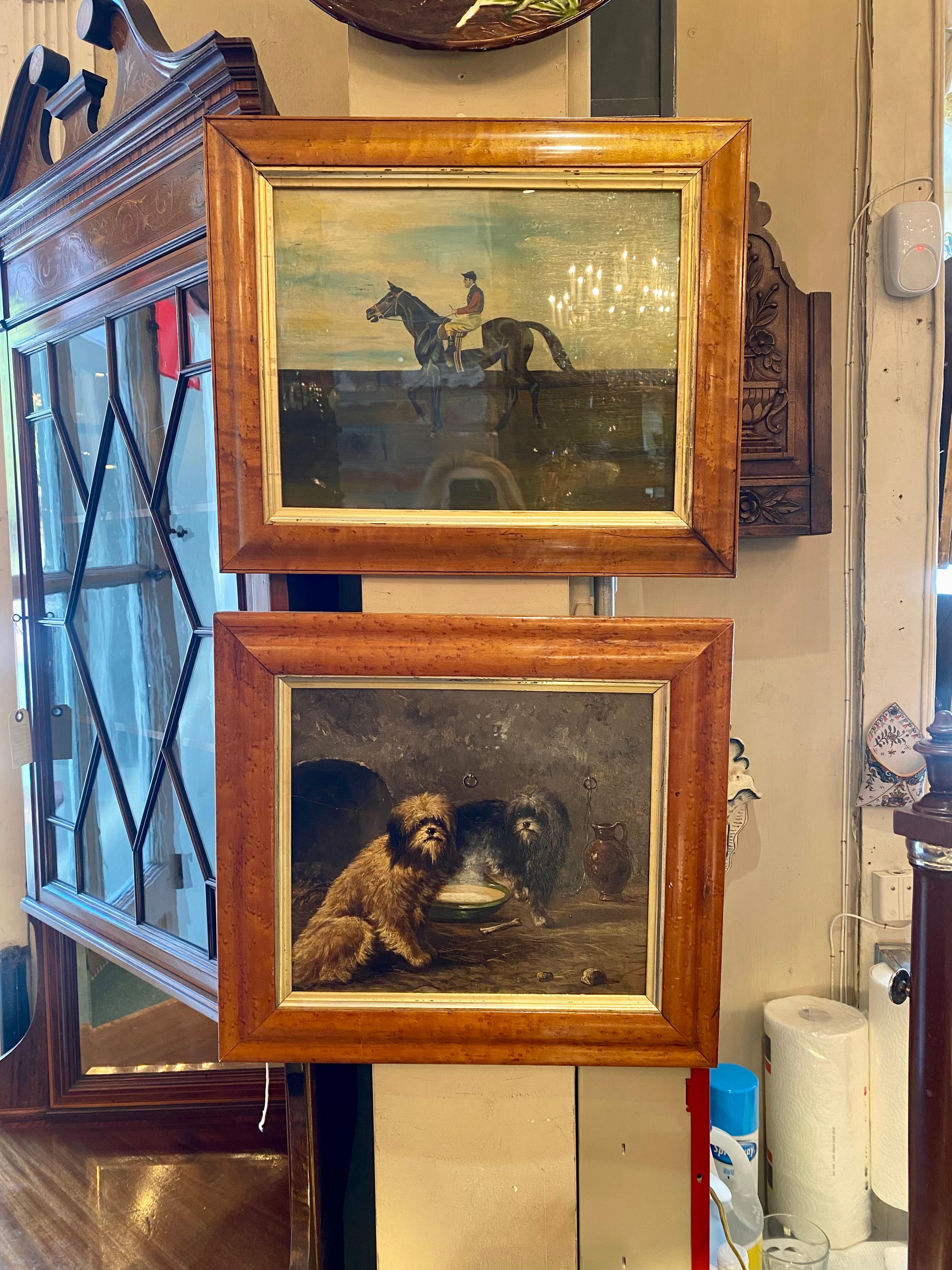 20th Century Antique English Framed Oil Painting on Wood Panel of Dogs, Circa 1920's For Sale
