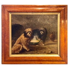 Antique peinture à l'huile anglaise encadrée sur panneau de bois représentant des chiens, circa 1920''s