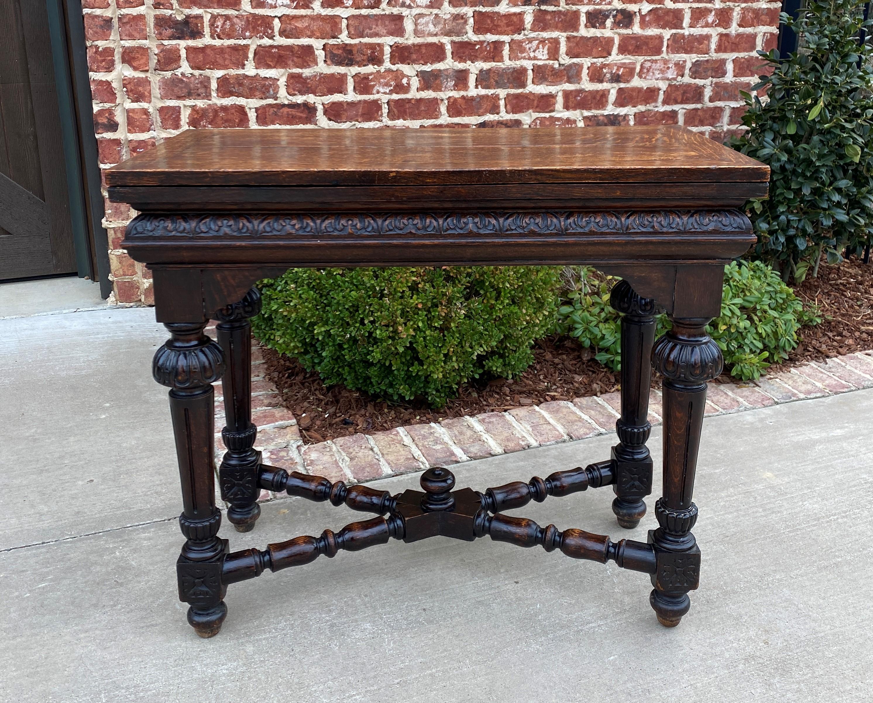 Hard-to-find antique English oak game or card table with flip top~~Victorian Era~~c. 1890s

Wonderfully carved oak game or card table with new felt top~~these tables were a staple of European homes in the 19th century~~top flips open to reveal a