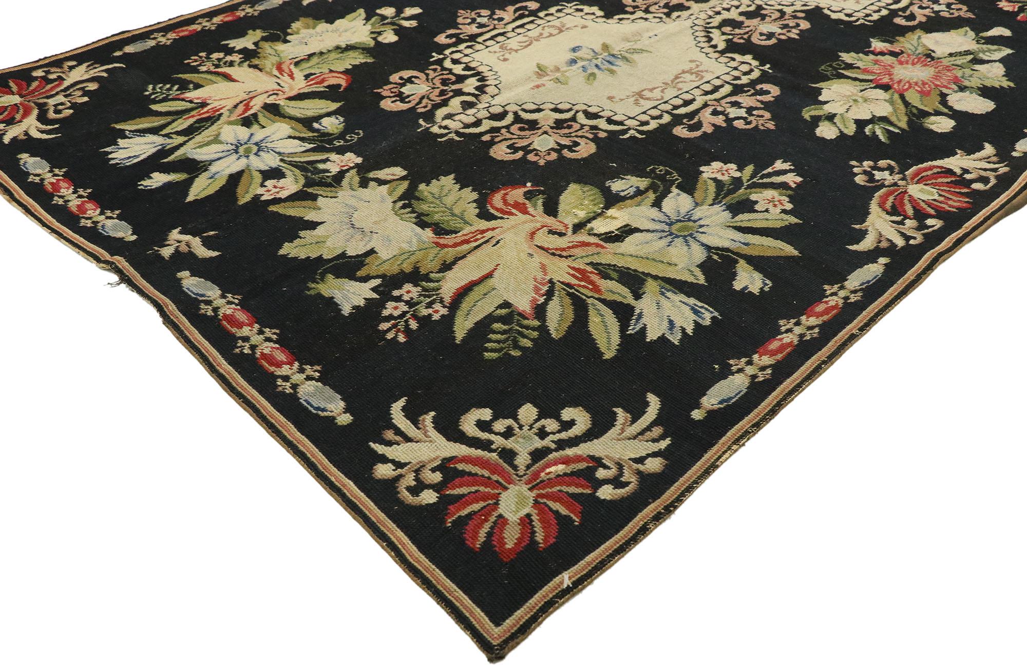 73615 antique English Garden needlepoint runner with Baroque Floral Chintz style. Drawing inspiration from Mario Buatta with romantic sensibility, this late 19th century antique English garden needlepoint runner beautifully embodies Baroque English