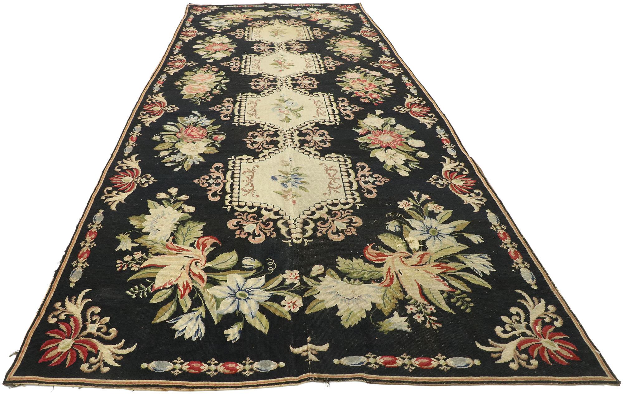 Hand-Woven Antique English Garden Needlepoint Runner with Baroque Floral Chintz Style For Sale