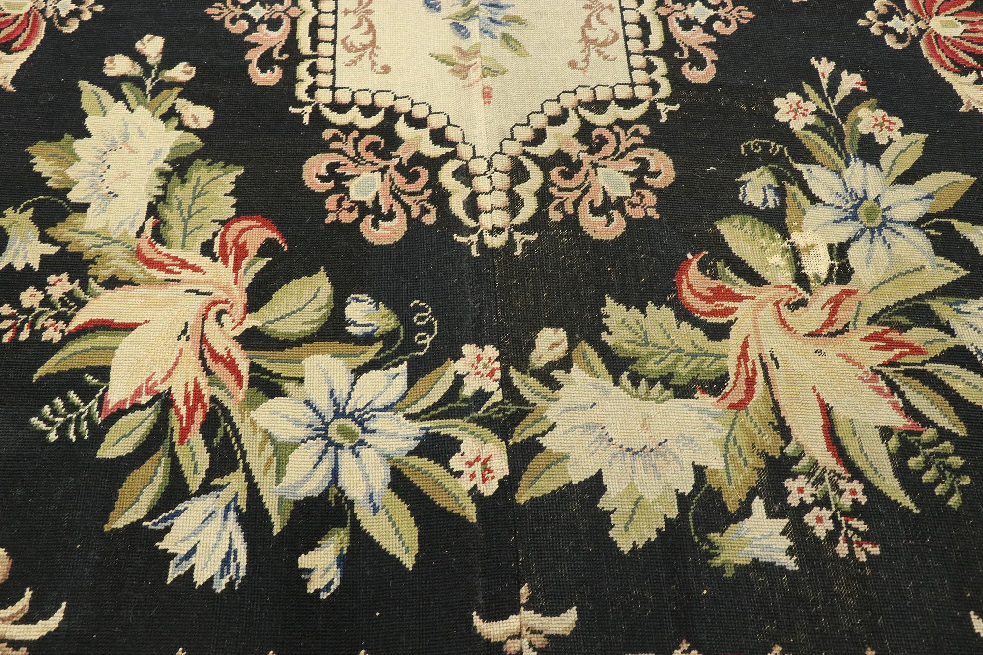 Antique English Garden Needlepoint Runner with Baroque Floral Chintz Style In Good Condition For Sale In Dallas, TX