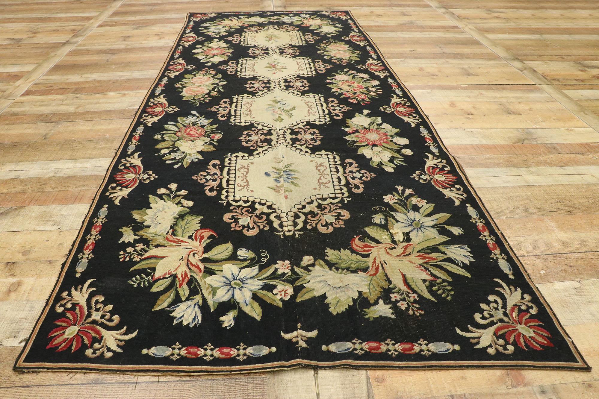 Wool Antique English Garden Needlepoint Runner with Baroque Floral Chintz Style For Sale