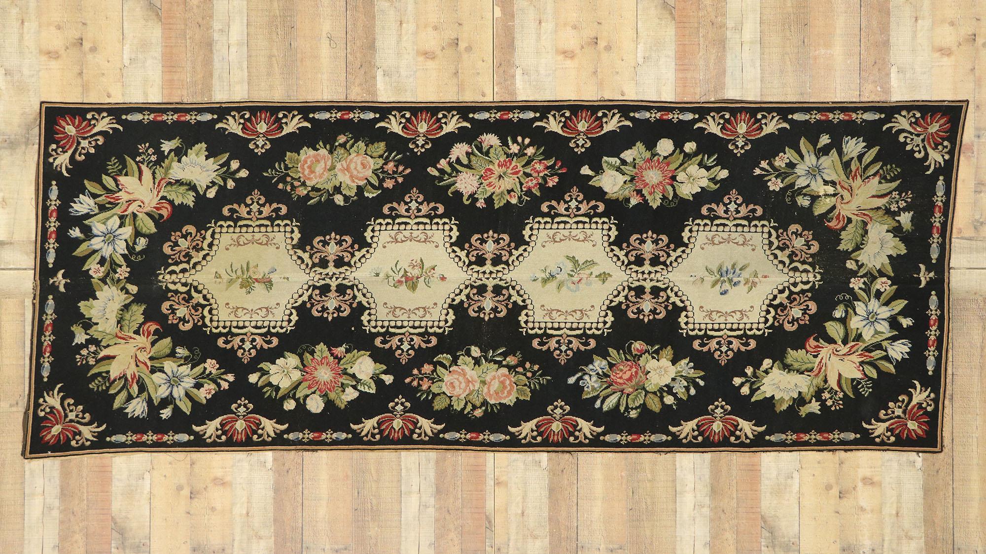 Antique English Garden Needlepoint Runner with Baroque Floral Chintz Style For Sale 1