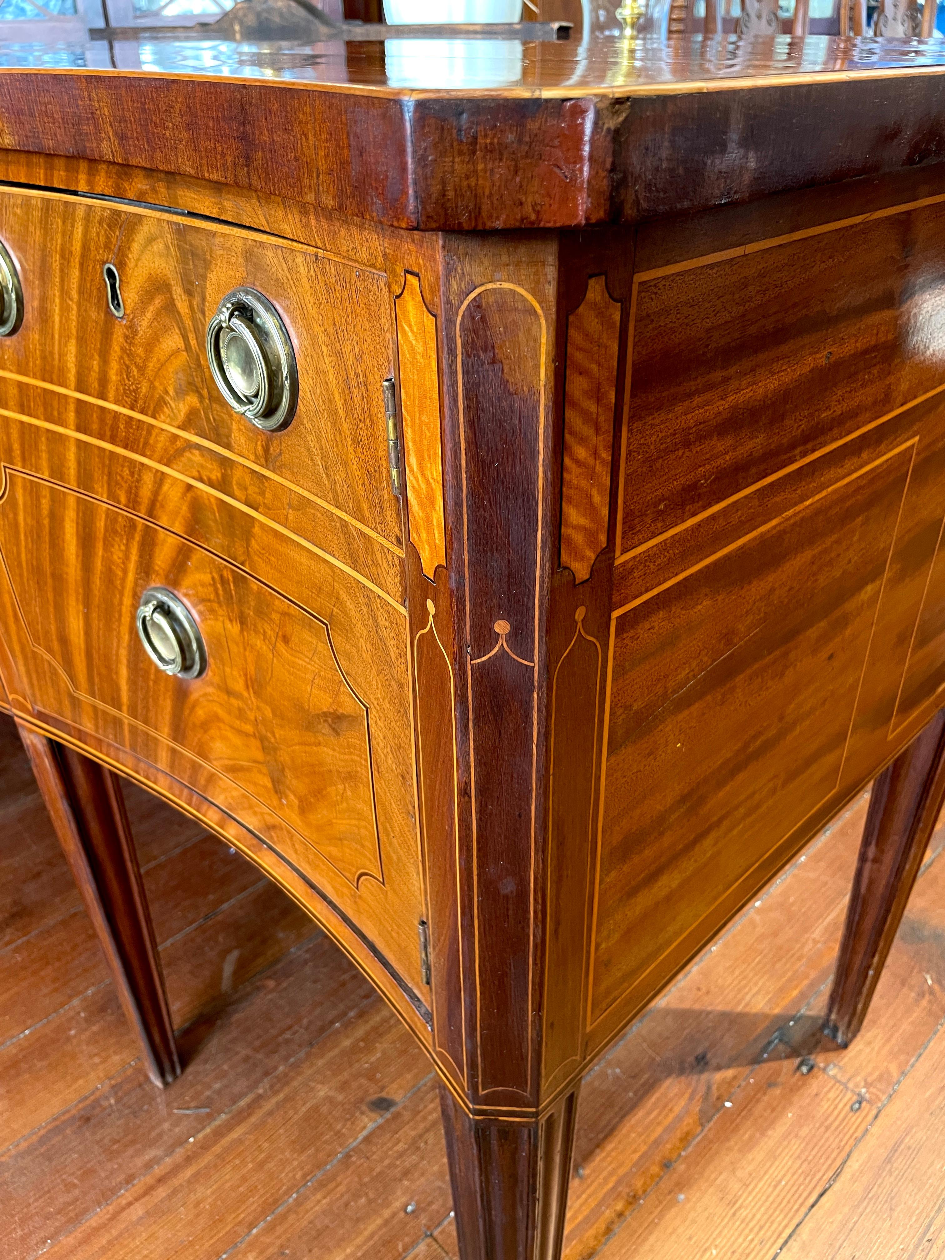 Antique English Geo. III Inlaid Bookmatched Crotch Mahog. Hepp. Style Sideboard For Sale 3