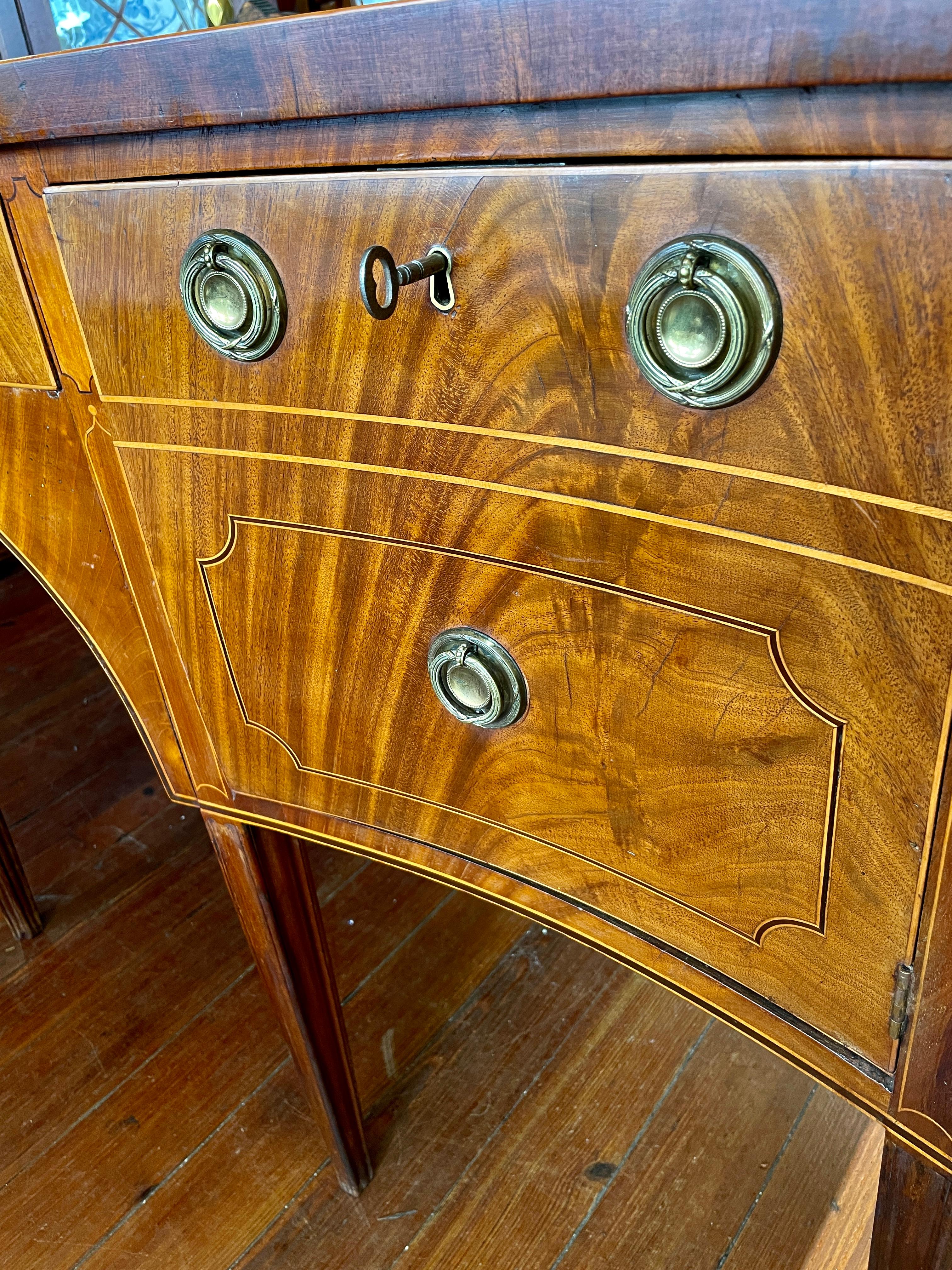  Antique English Geo. III Inlaid Bookmatched Crotch Mahog. Hepp. Style Sideboard For Sale 9