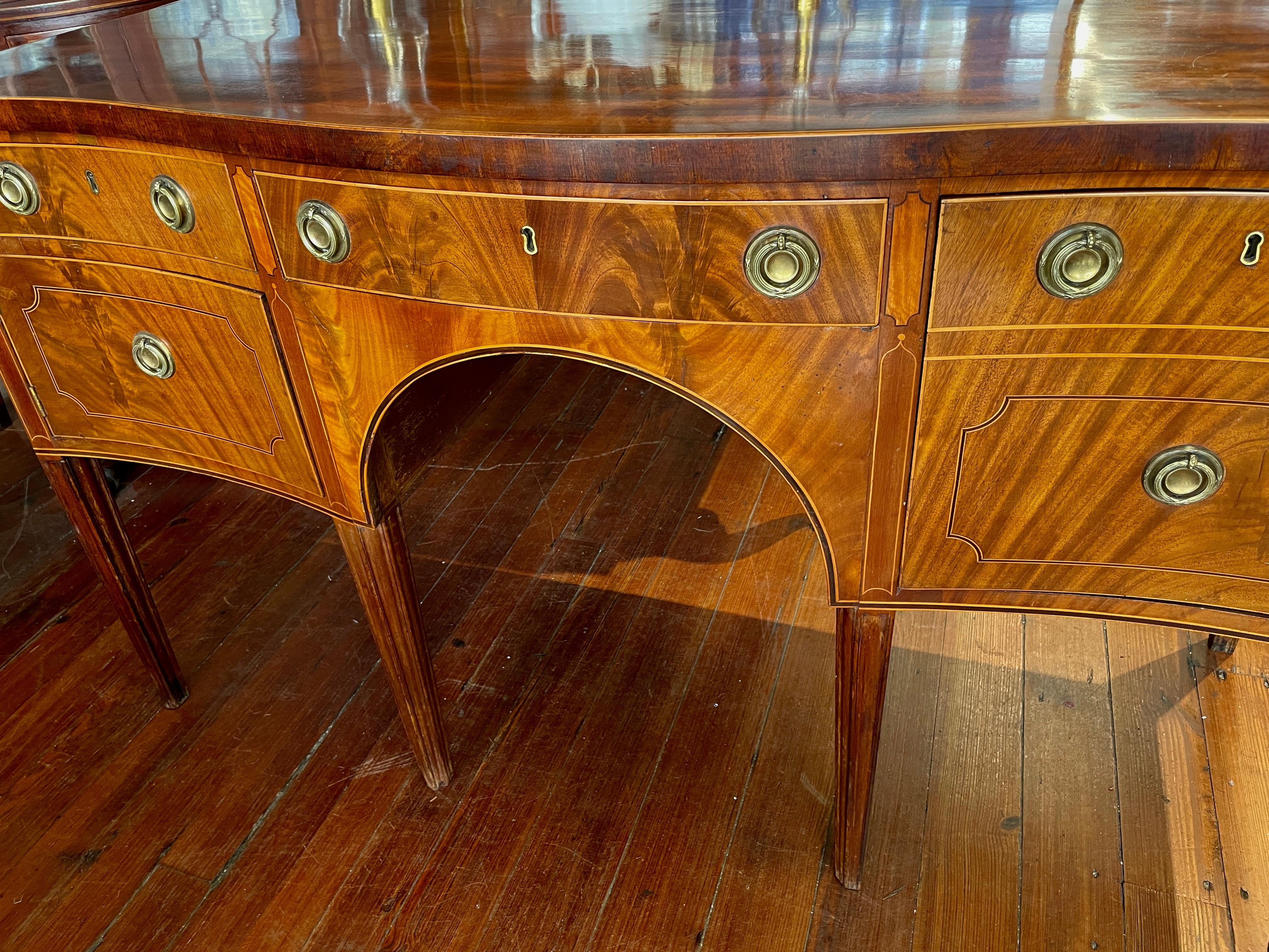 Boxwood  Antique English Geo. III Inlaid Bookmatched Crotch Mahog. Hepp. Style Sideboard For Sale