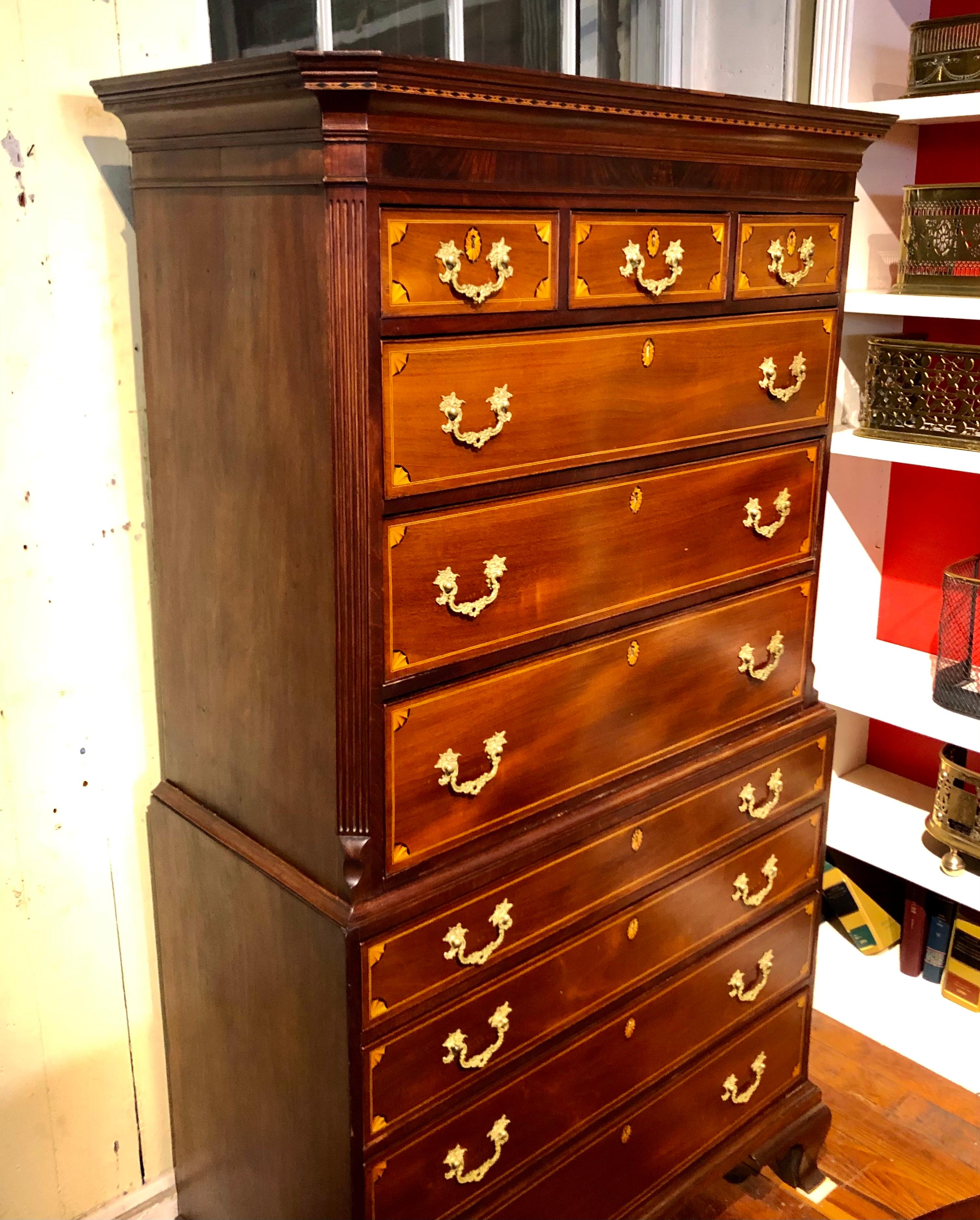 George III Antique English Geo. III Inlaid Figured Mahogany Chippendale Chest on Chest For Sale