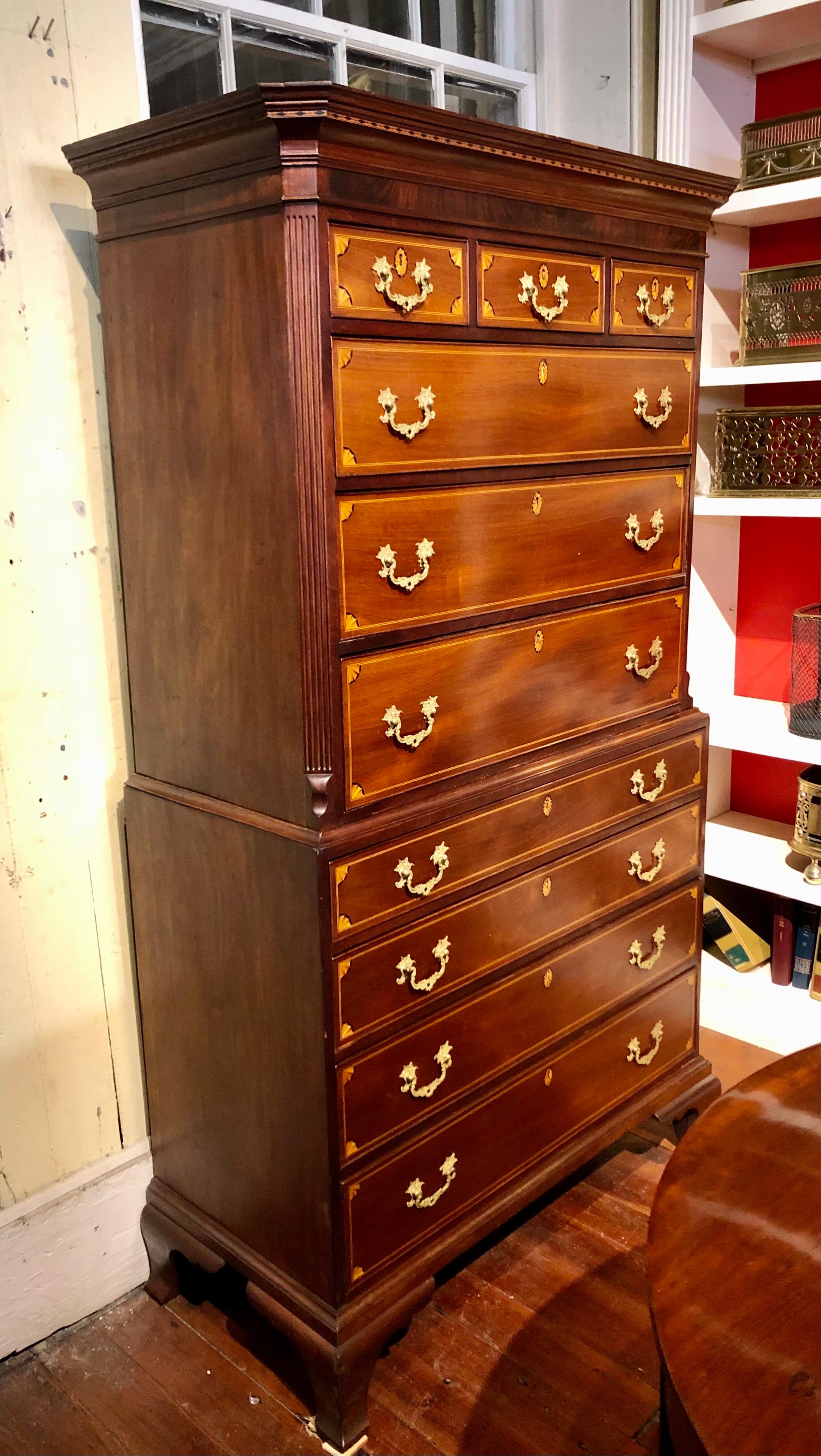 Hand-Carved Antique English Geo. III Inlaid Figured Mahogany Chippendale Chest on Chest For Sale