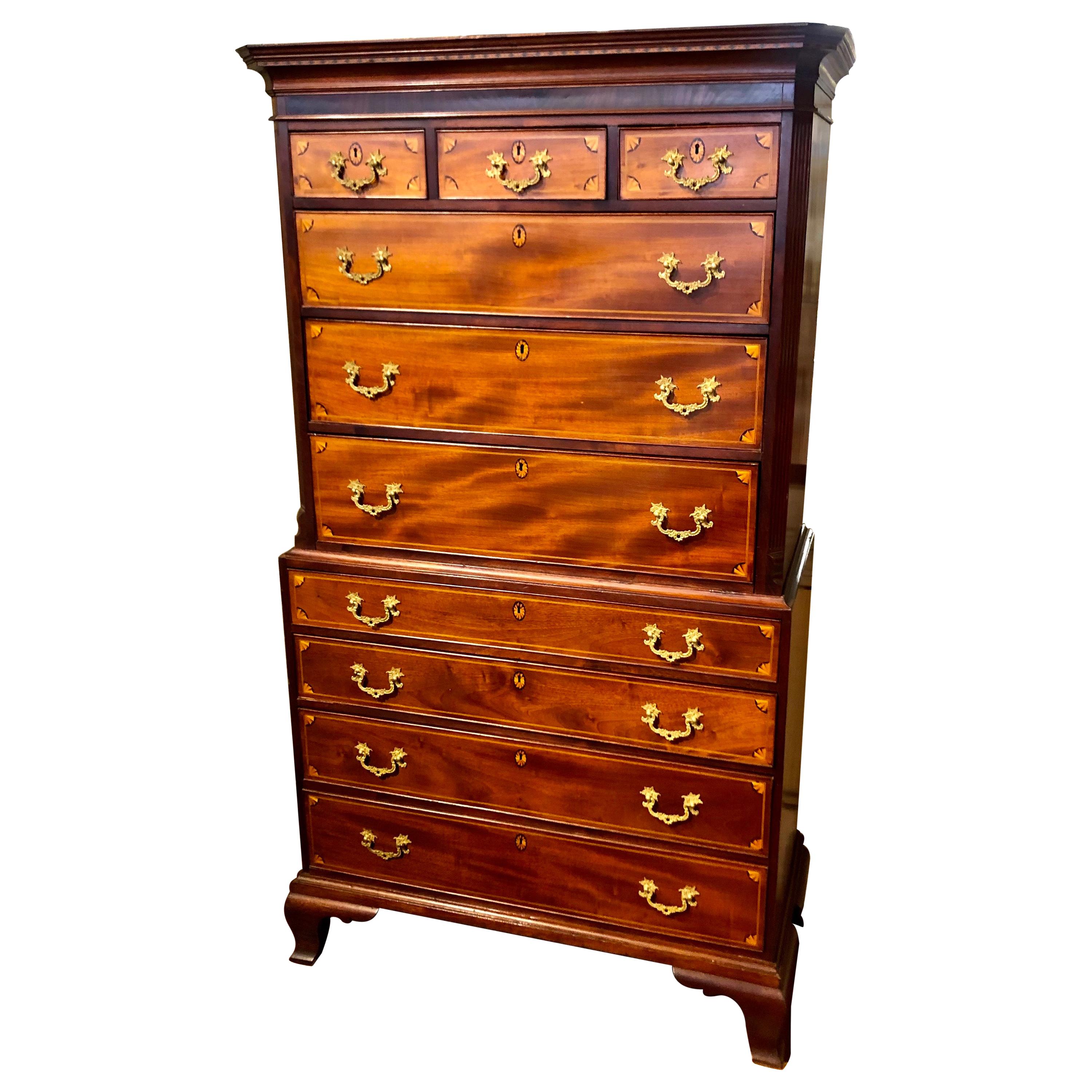 Antique English Geo. III Inlaid Figured Mahogany Chippendale Chest on Chest For Sale