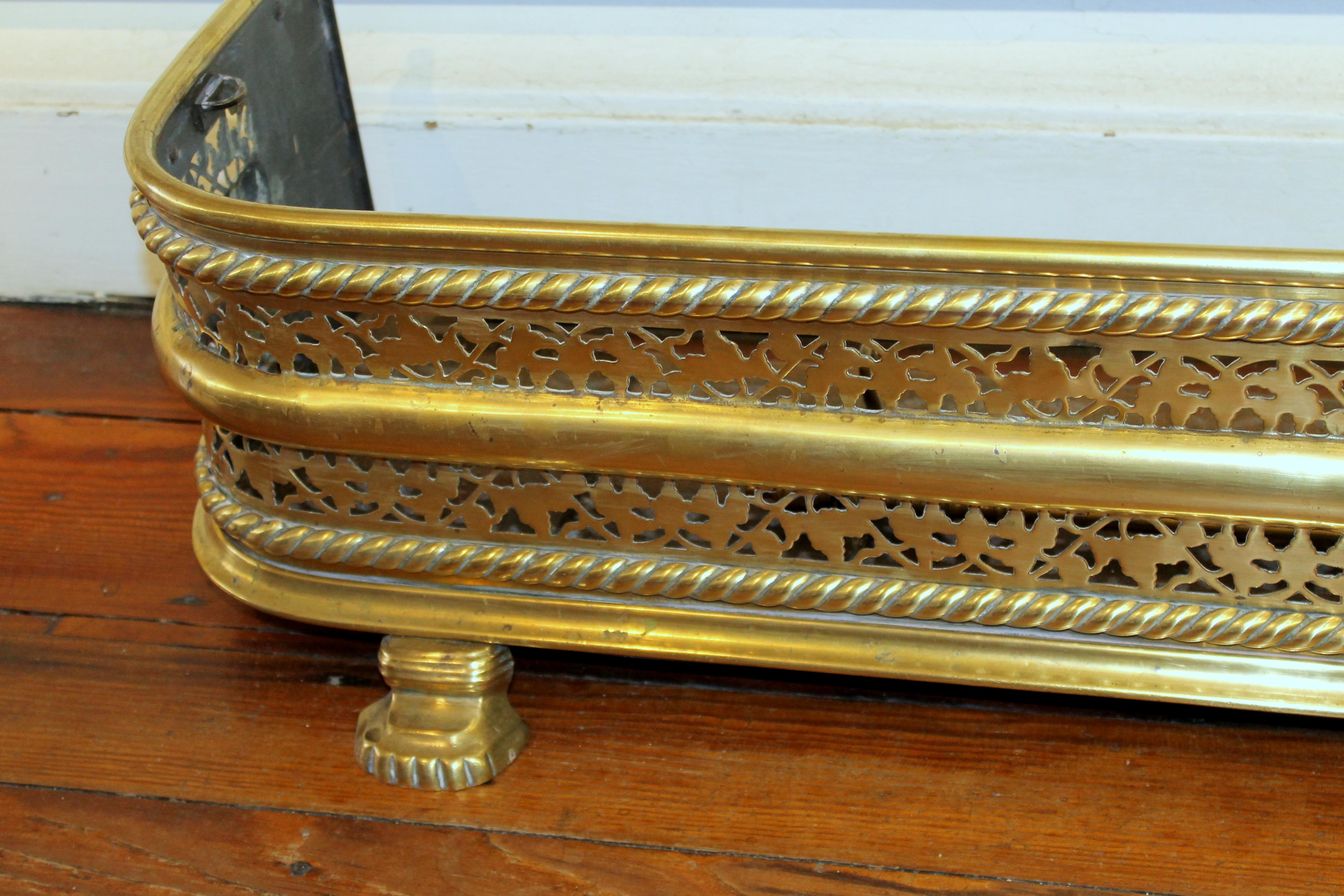 Antique English Geo. III/IV Pierced Brass Fireplace Fender with Tool Standards For Sale 5