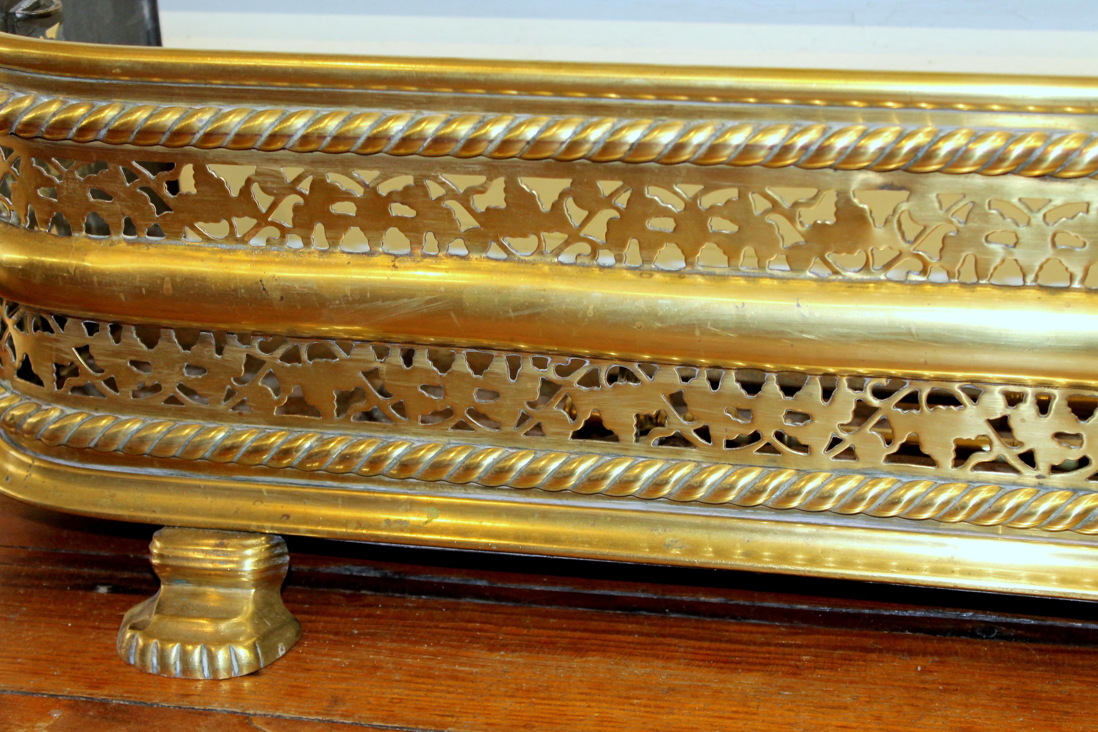 Antique English Geo. III/IV Pierced Brass Fireplace Fender with Tool Standards For Sale 6