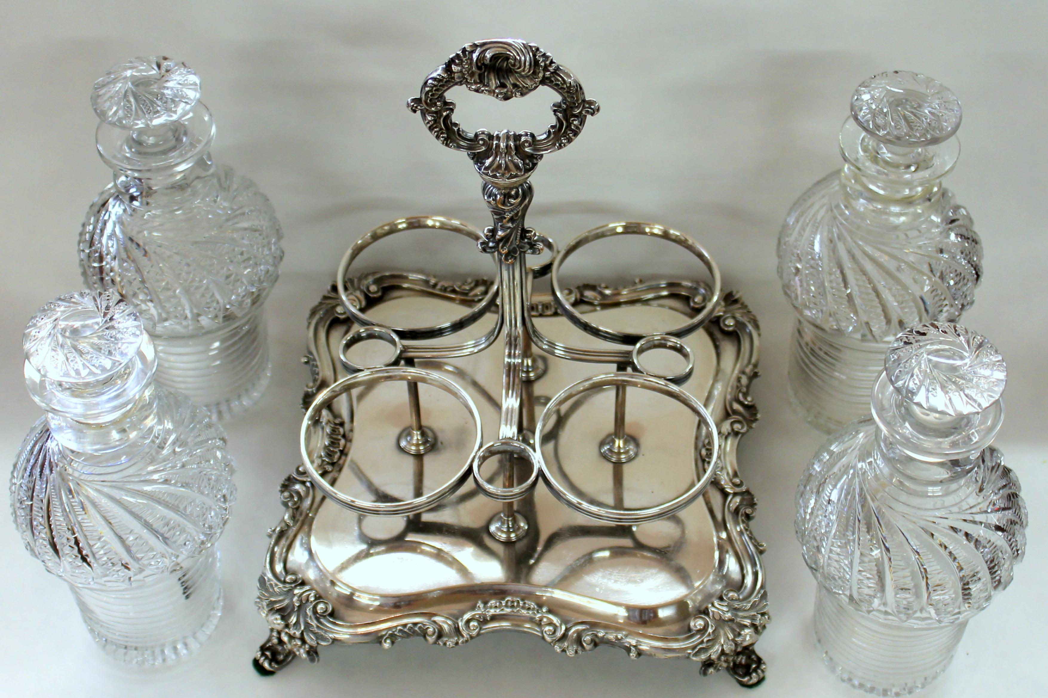 Sheffield Plate Antique English Geo. III Old Sheffield Hand-Cut Crystal Four Bottle Decanter Set
