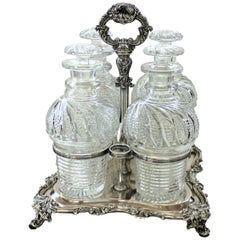 Antique English Geo. III Old Sheffield Hand-Cut Crystal Four Bottle Decanter Set