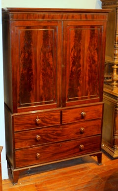Antique English George IV Bookmatched Flame Mahogany Linen Press