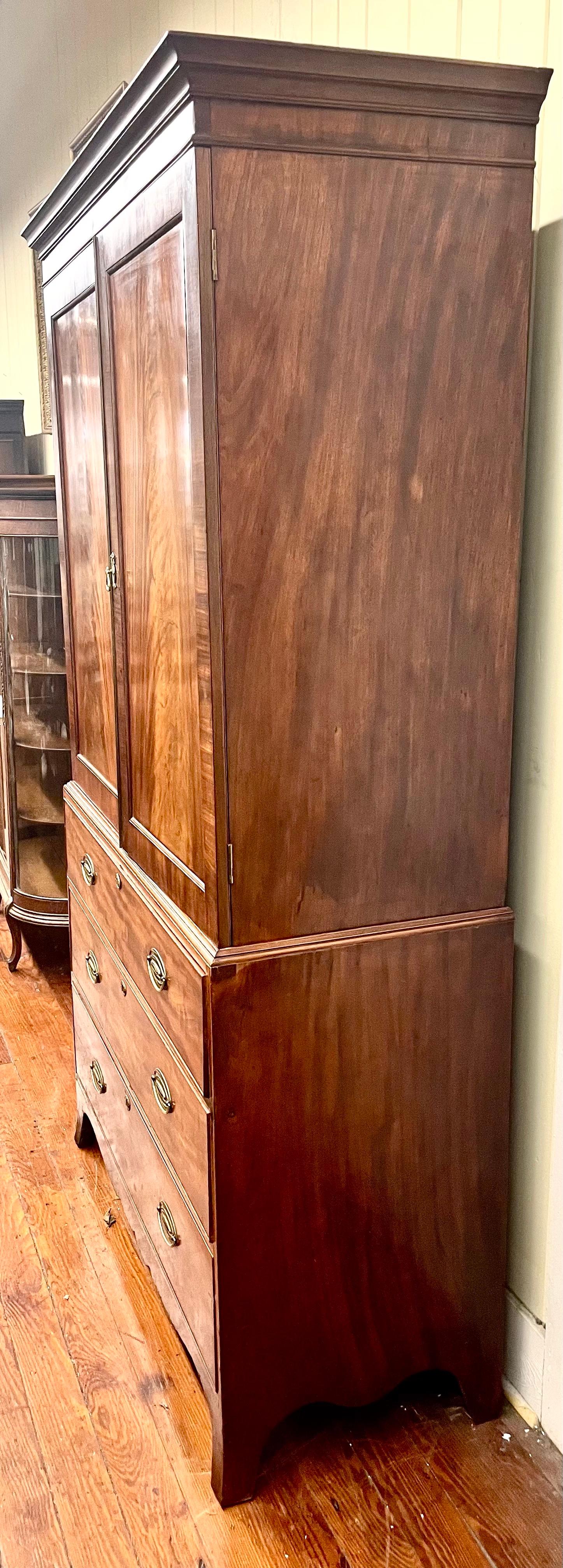 Hand-Crafted Antique English Geo. IV Bookmatched Figured Mahogany Hepplewhite Linen Press  For Sale