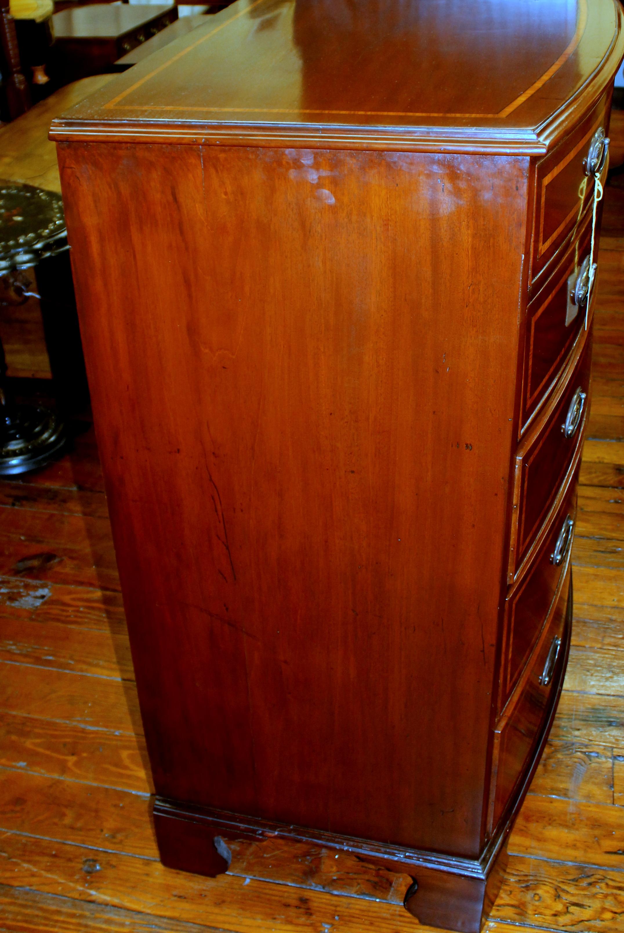 19th Century Antique English Geo. IV Tulipwood Inlaid Tall Figured Mahogany Bow-Front Chest