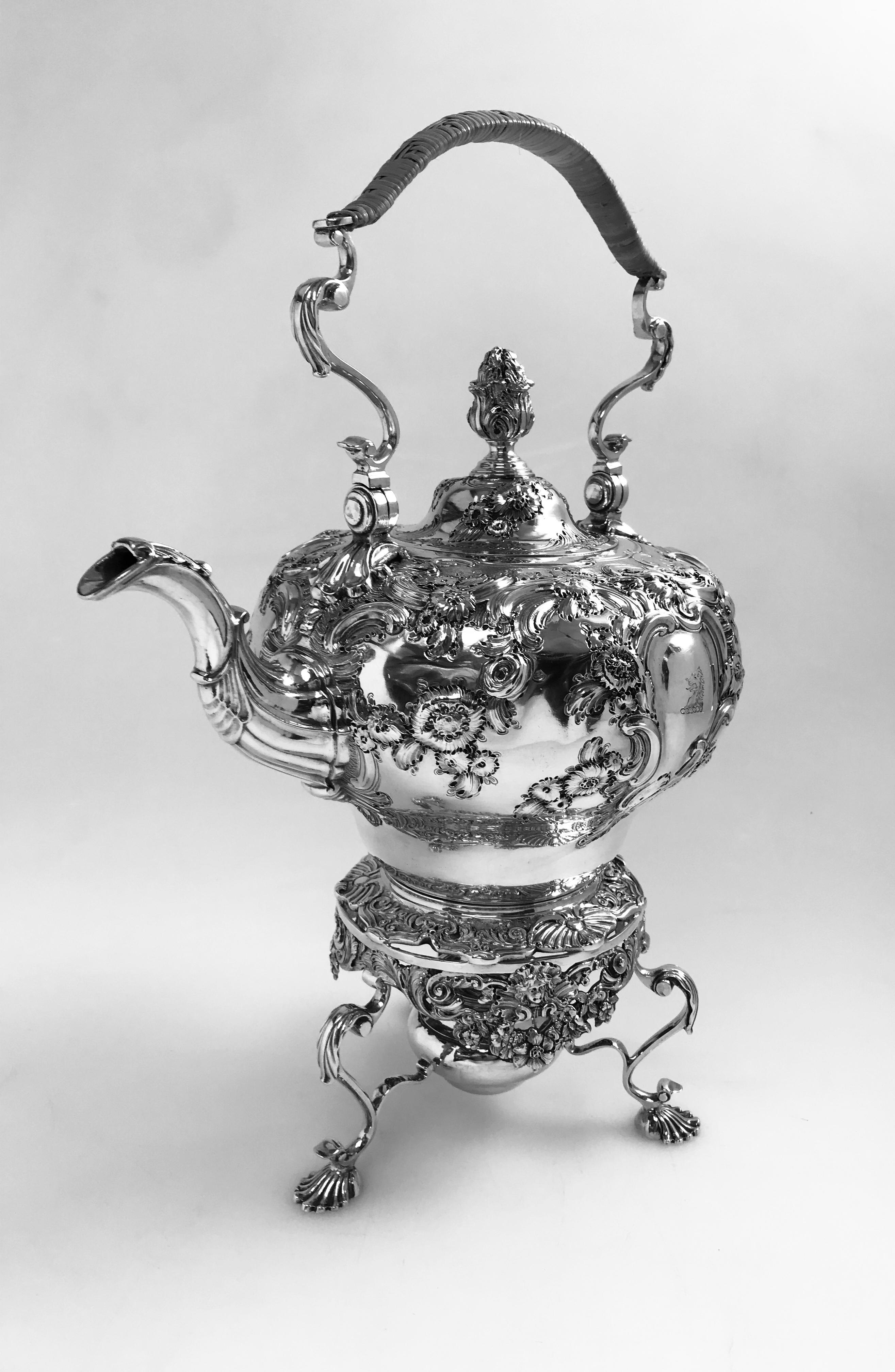 Mid-18th Century Antique English George II Sterling Silver Rococo Kettle on Stand For Sale