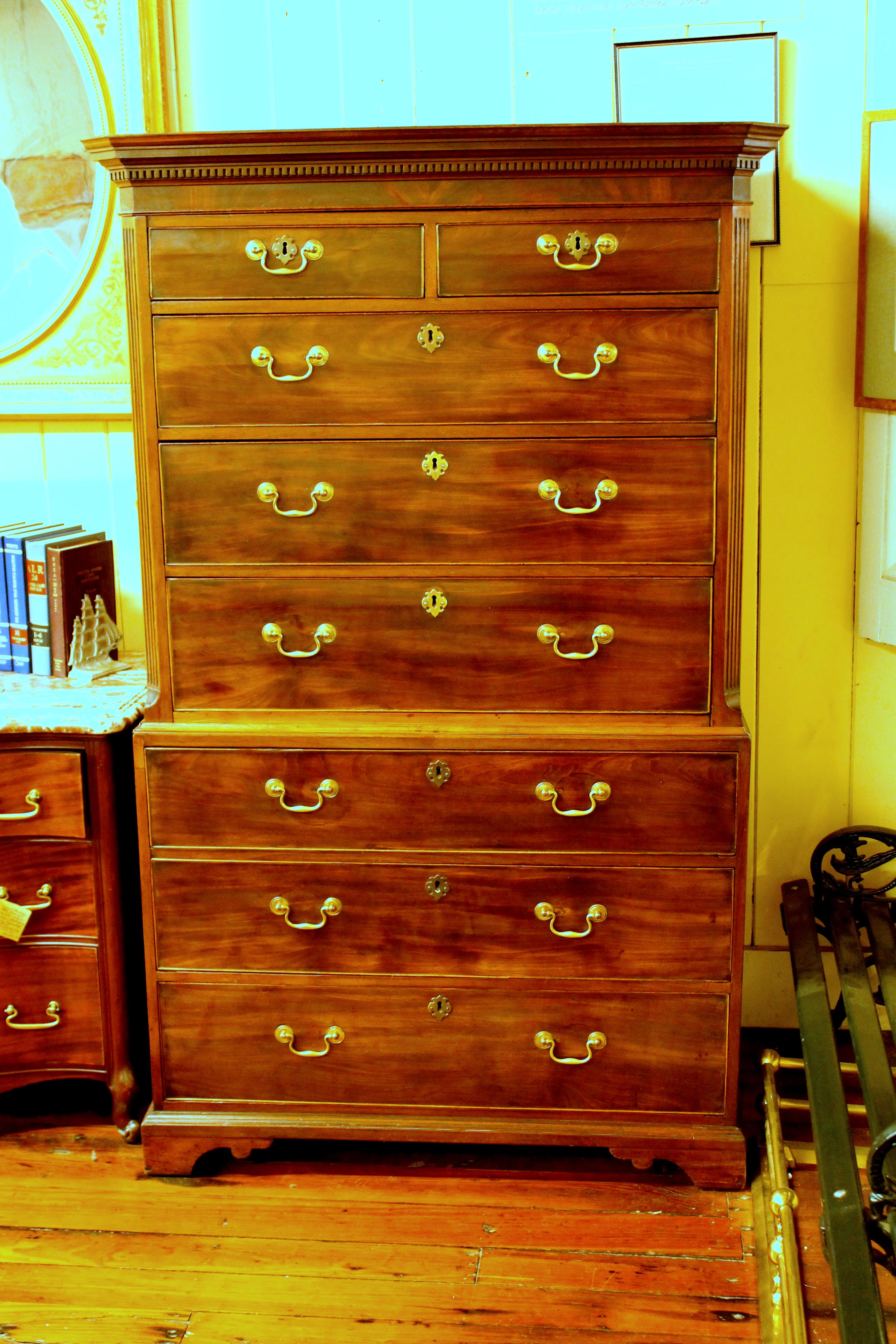 18th Century Antique English George III Figured Mahogany Chippendale Style Chest on Chest