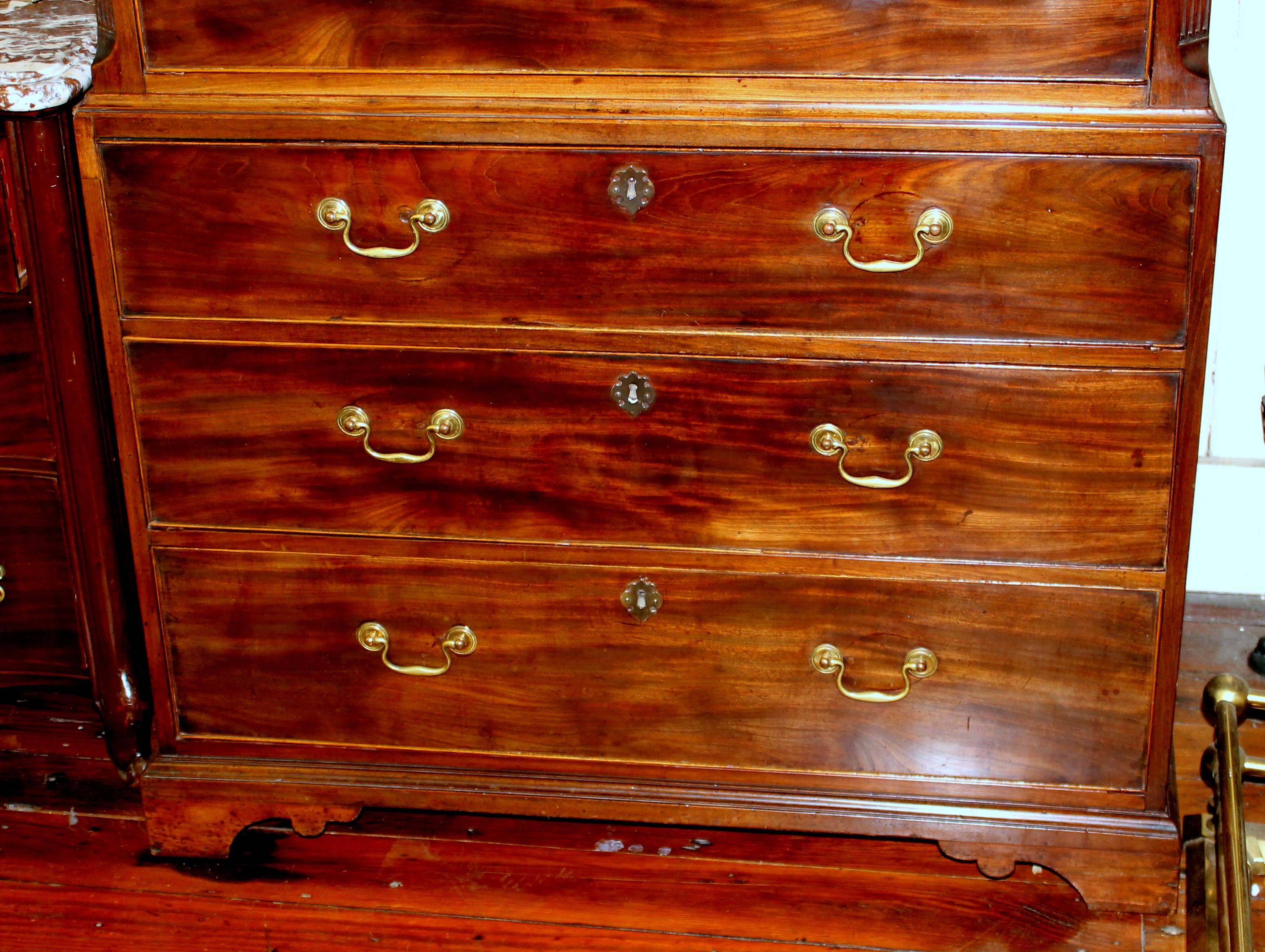 Pine Antique English George III Figured Mahogany Chippendale Style Chest on Chest