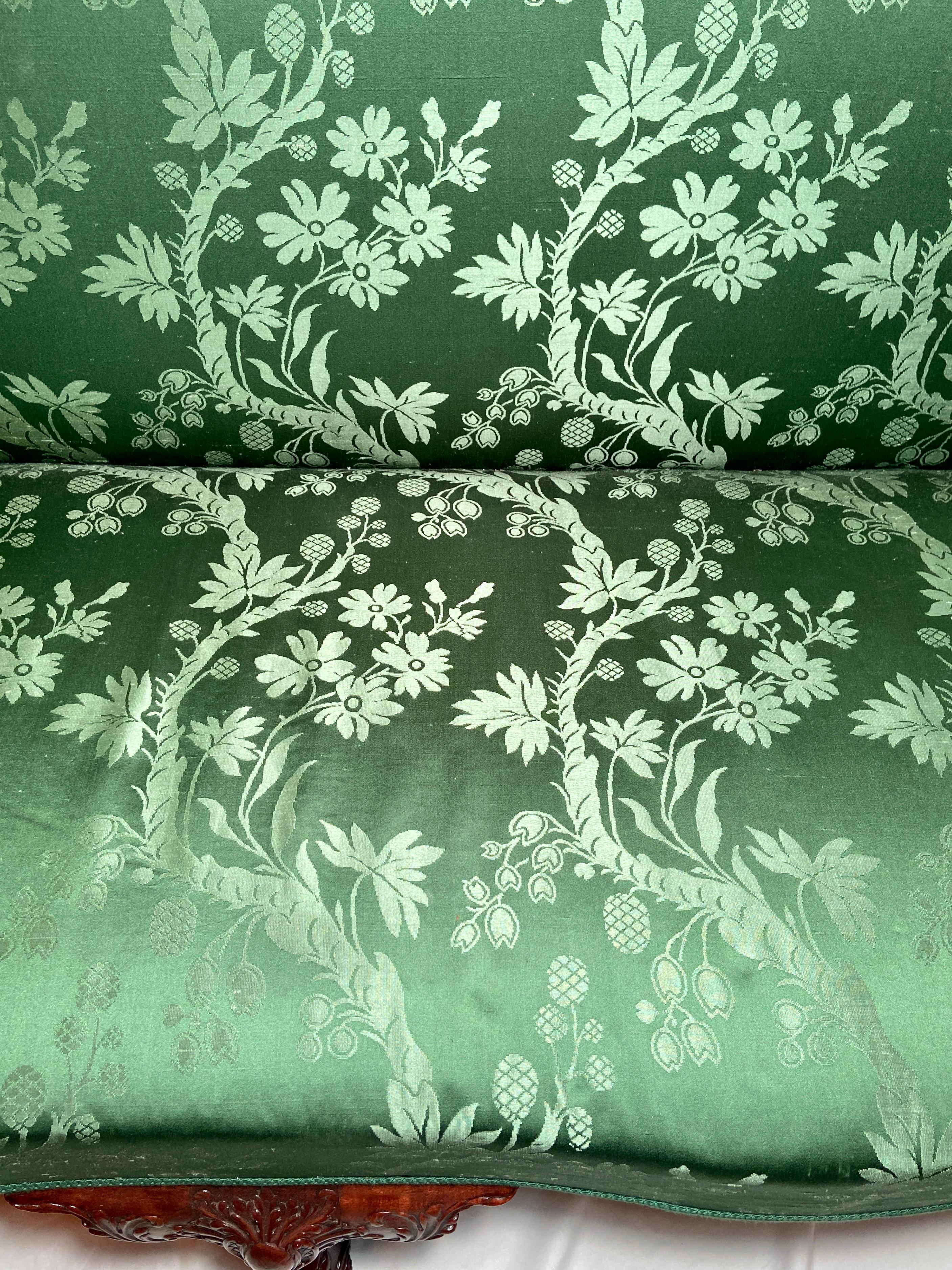 18th Century Antique English George III Green Upholstered Mahogany Settee, Circa 1790-1820