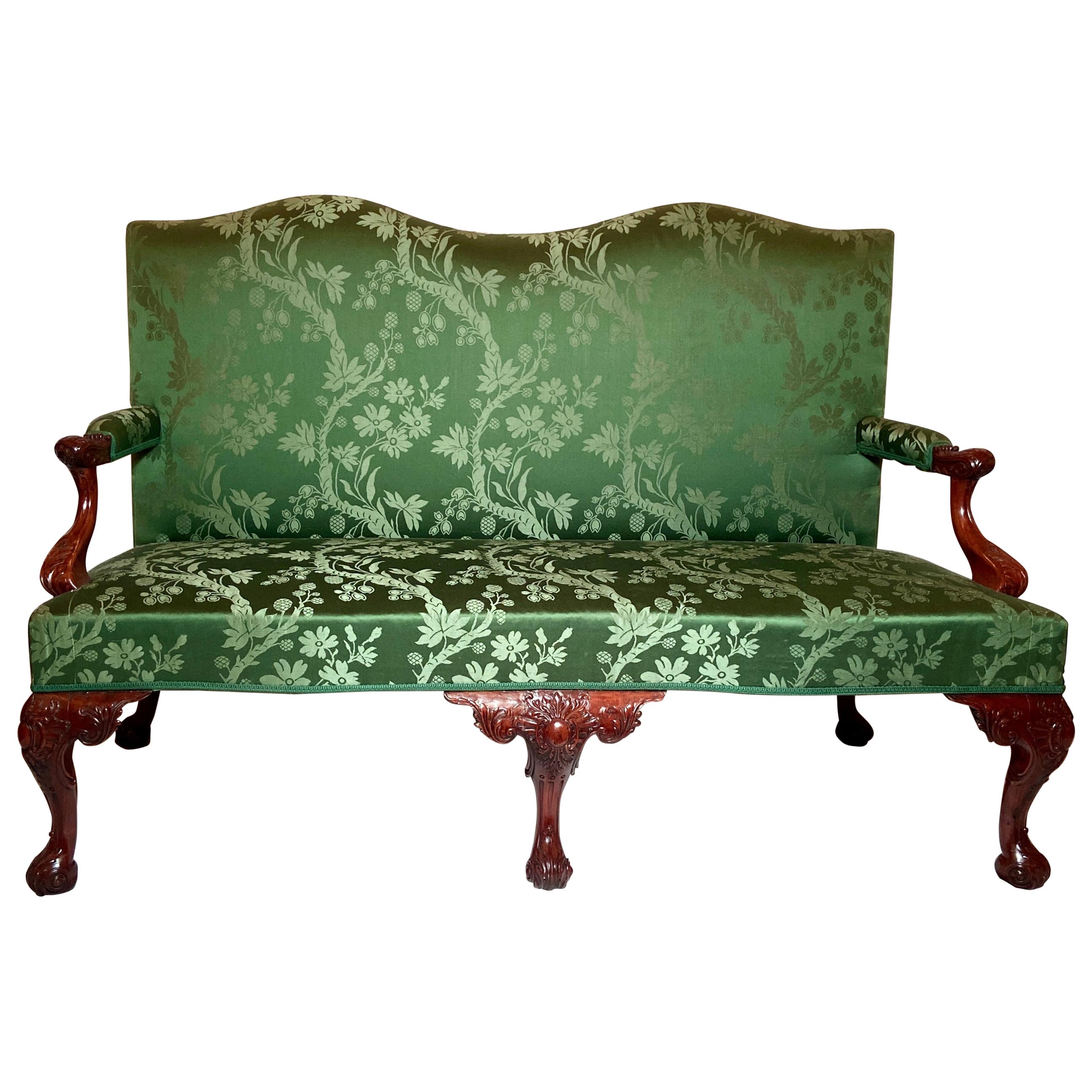 Antique English George III Green Upholstered Mahogany Settee, Circa 1790-1820