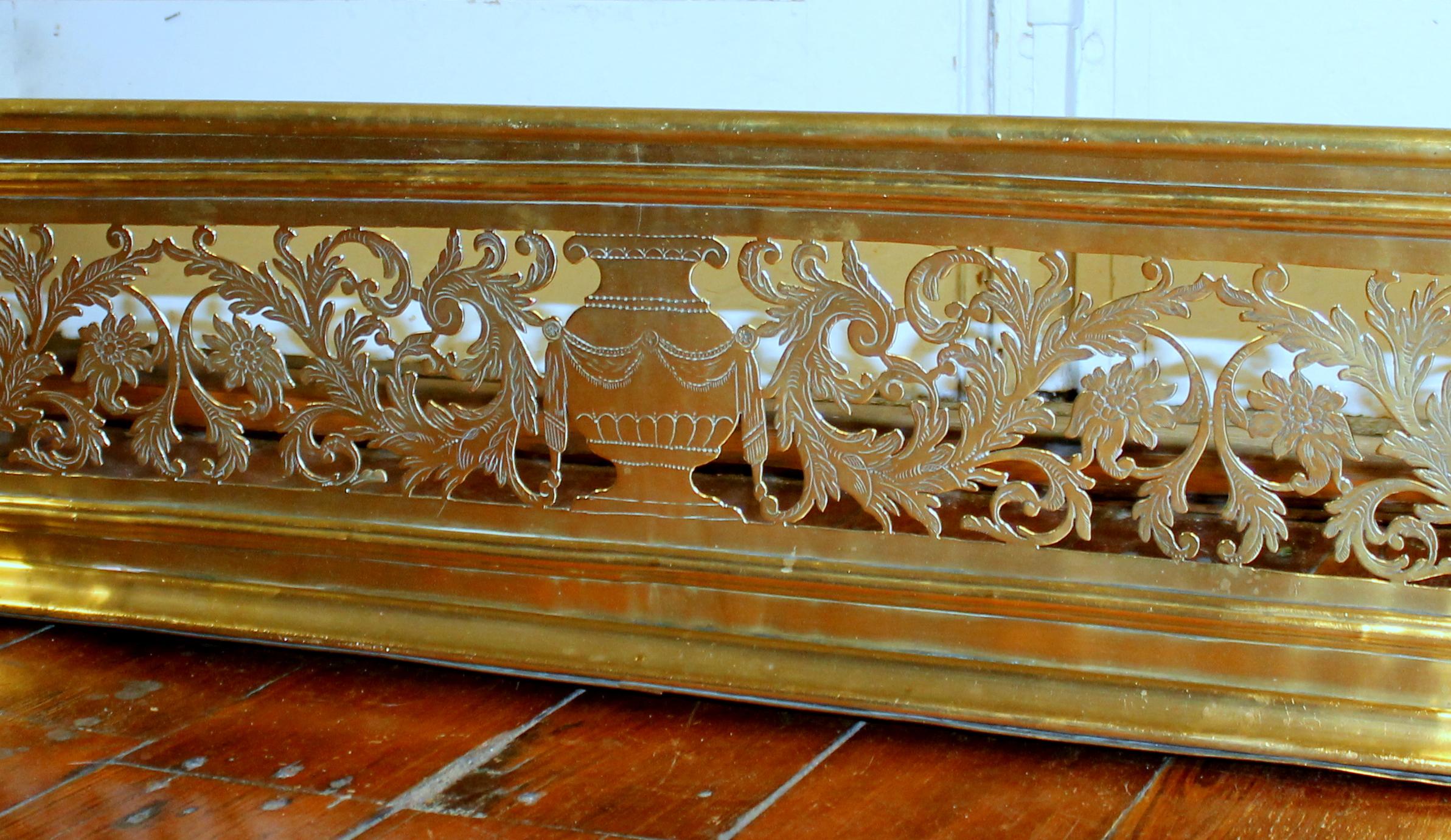 Hand-Carved Antique English George III Hand Pierced and Engraved Brass Fireplace Fender