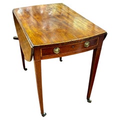 Antique English George III Inlaid Figured Mahogany Oval Drop-Leaf Pembroke Table