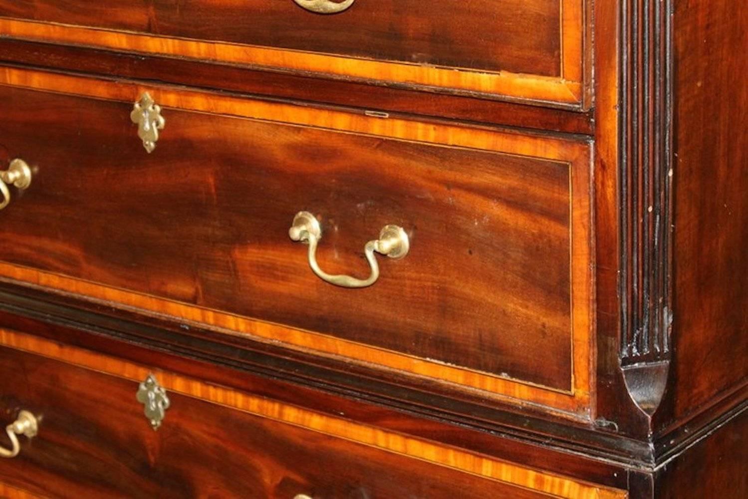 18th Century Antique English George III Inlaid Flame Mahogany Chippendale Chest on Chest