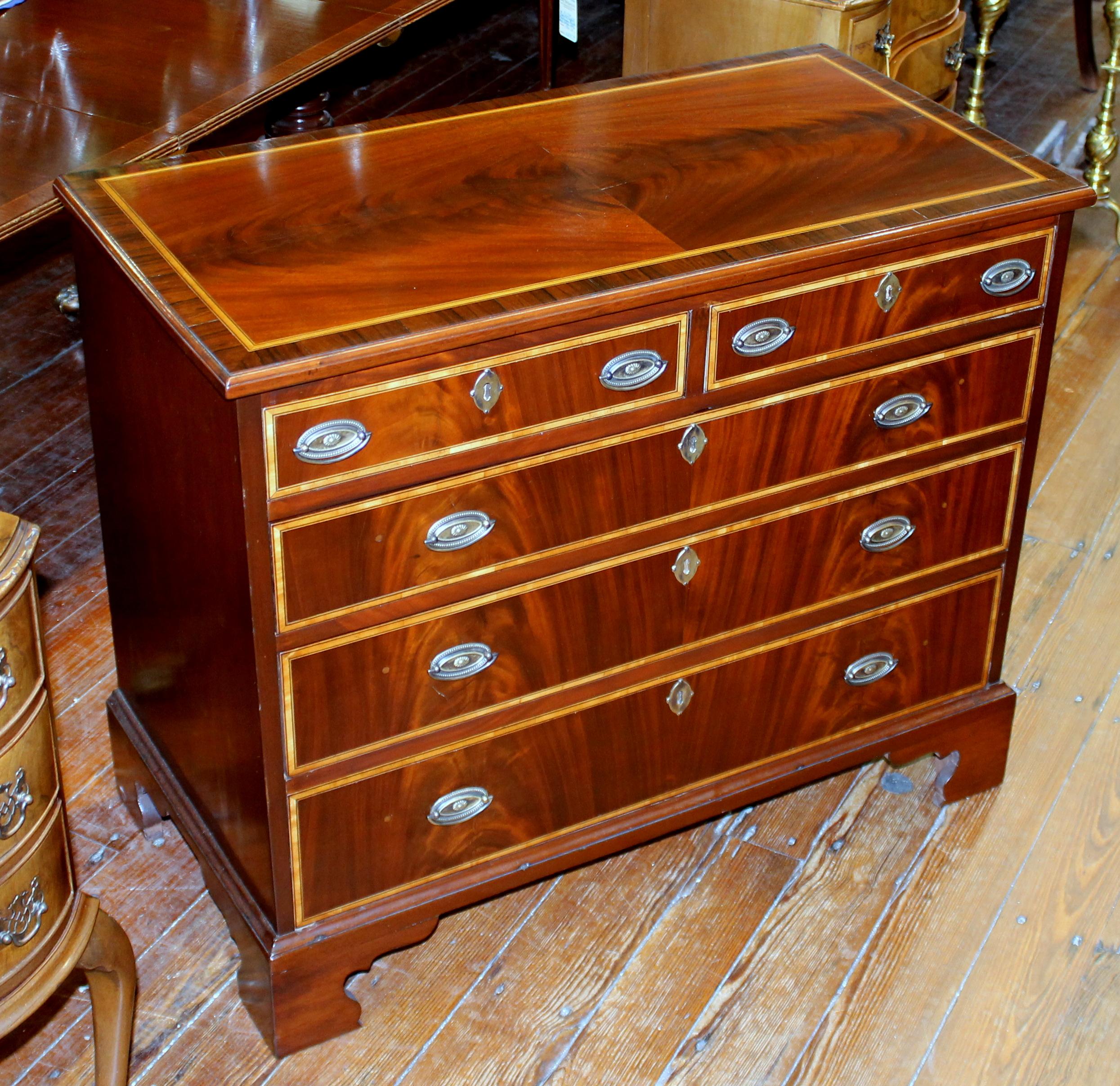 Hand-Crafted Antique English George III Inlaid Flame Mahogany Diminutive Low Chest of Drawers
