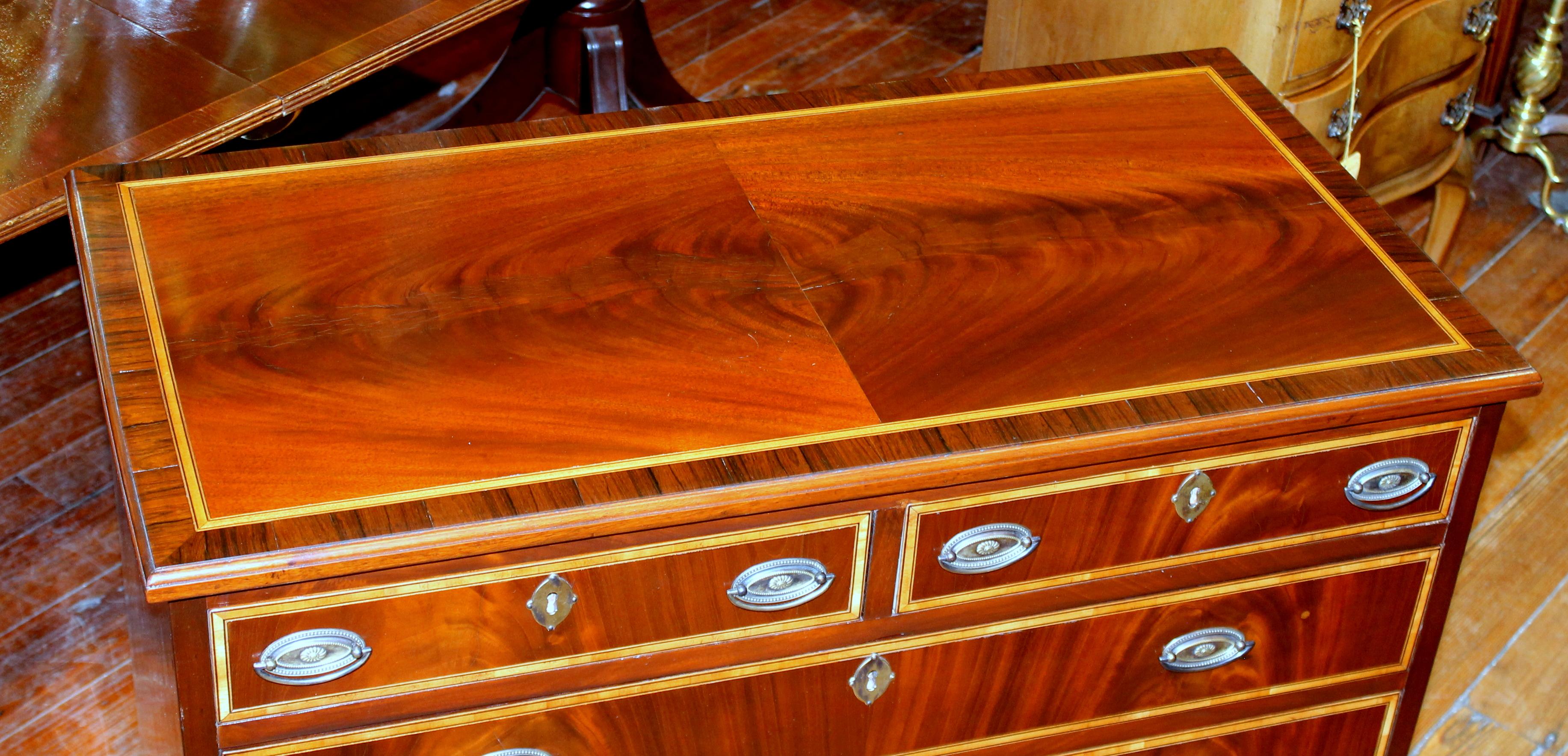 Antique English George III Inlaid Flame Mahogany Diminutive Low Chest of Drawers In Good Condition In CHARLESTON, SC
