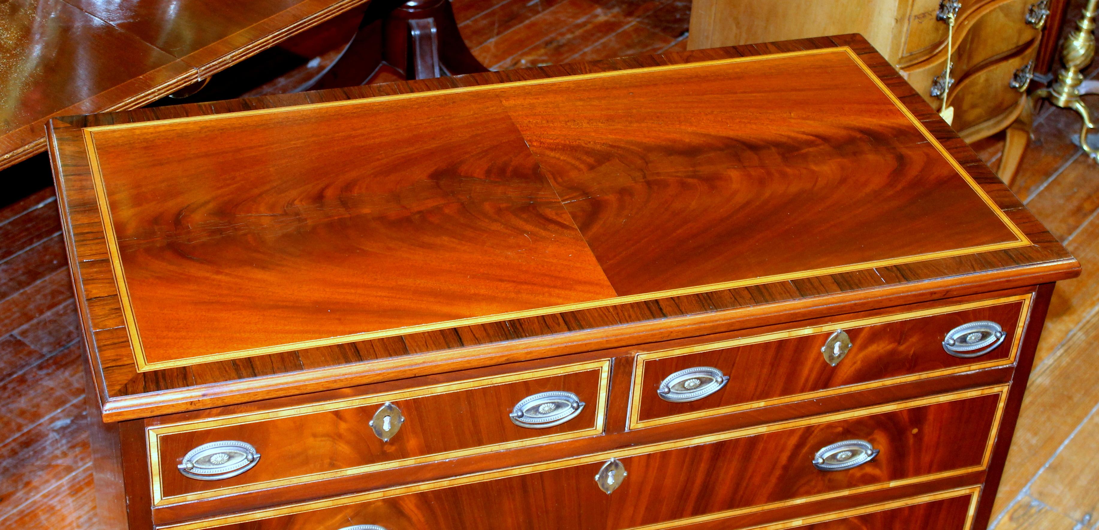 Antique English George III Inlaid Flame Mahogany Diminutive Low Chest of Drawers In Good Condition In Charleston, SC