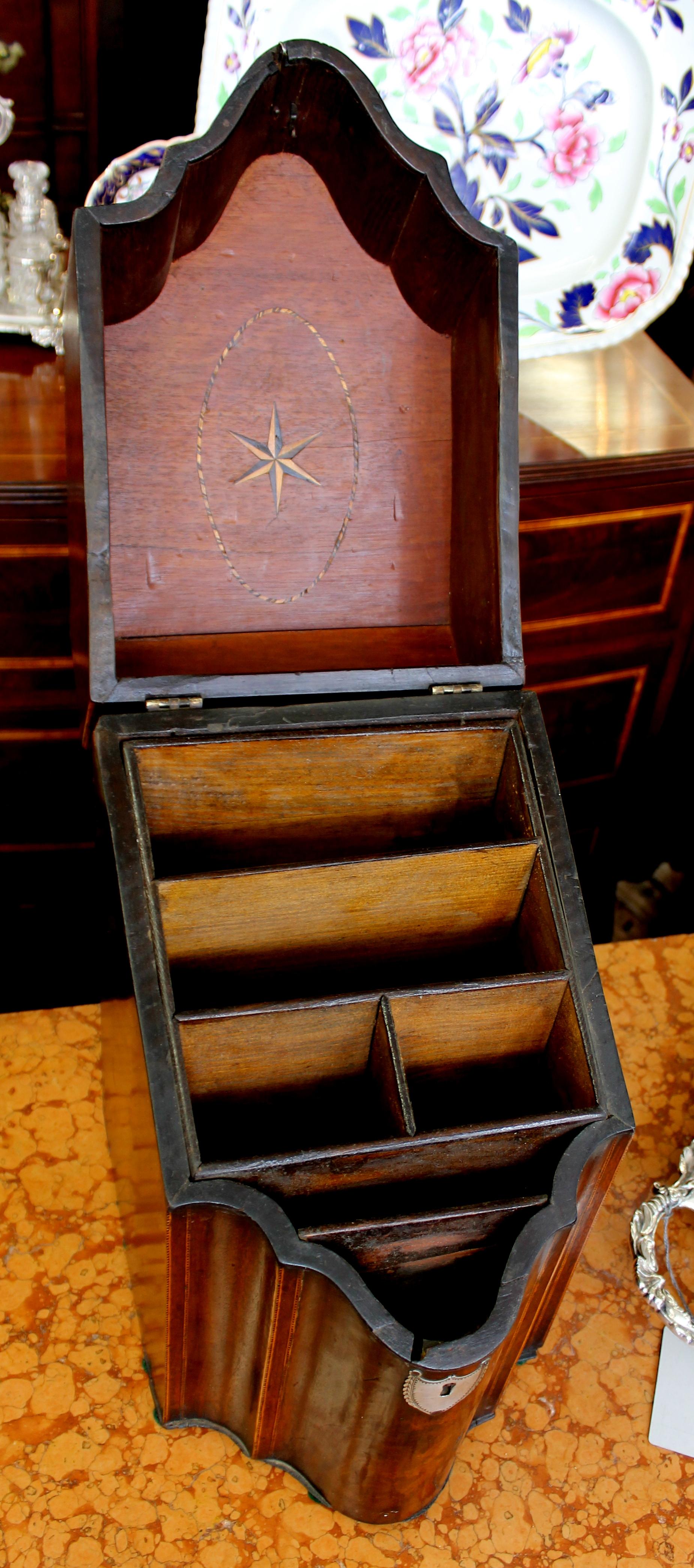 Antique English George III Inlaid Flame Mahogany Serpentine Knife/Stationery Box 4