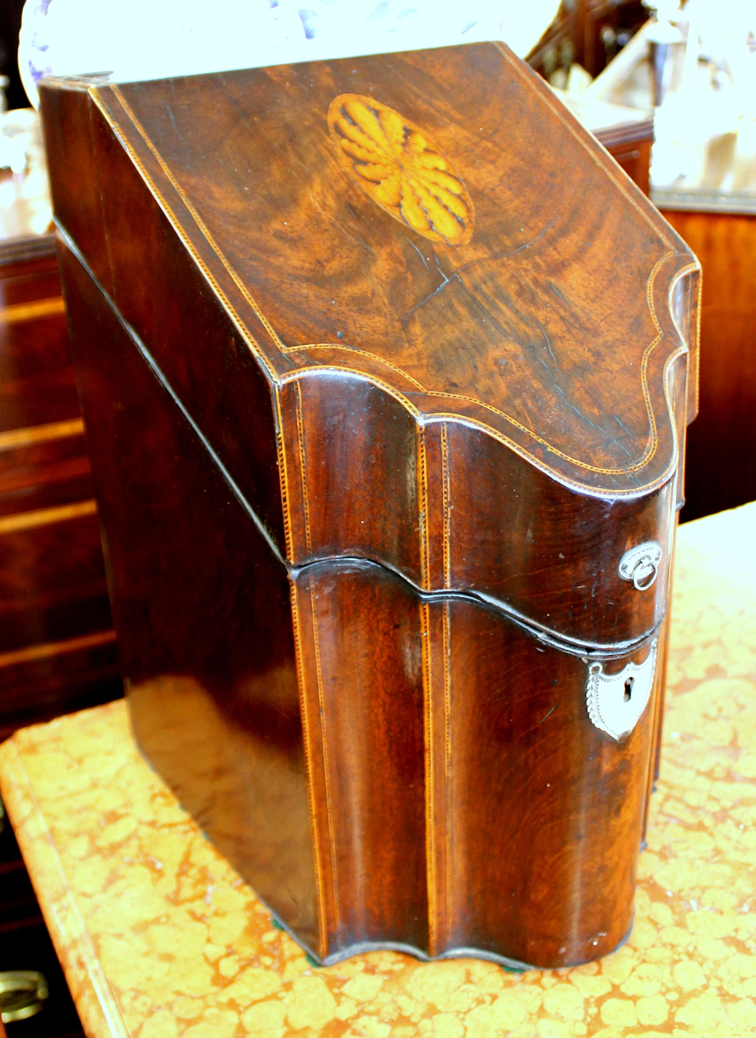 Inlay Antique English George III Inlaid Flame Mahogany Serpentine Knife/Stationery Box