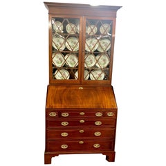 Antique English George III Inlaid Flame Mahogany Slant-Front Bureau Bookcase