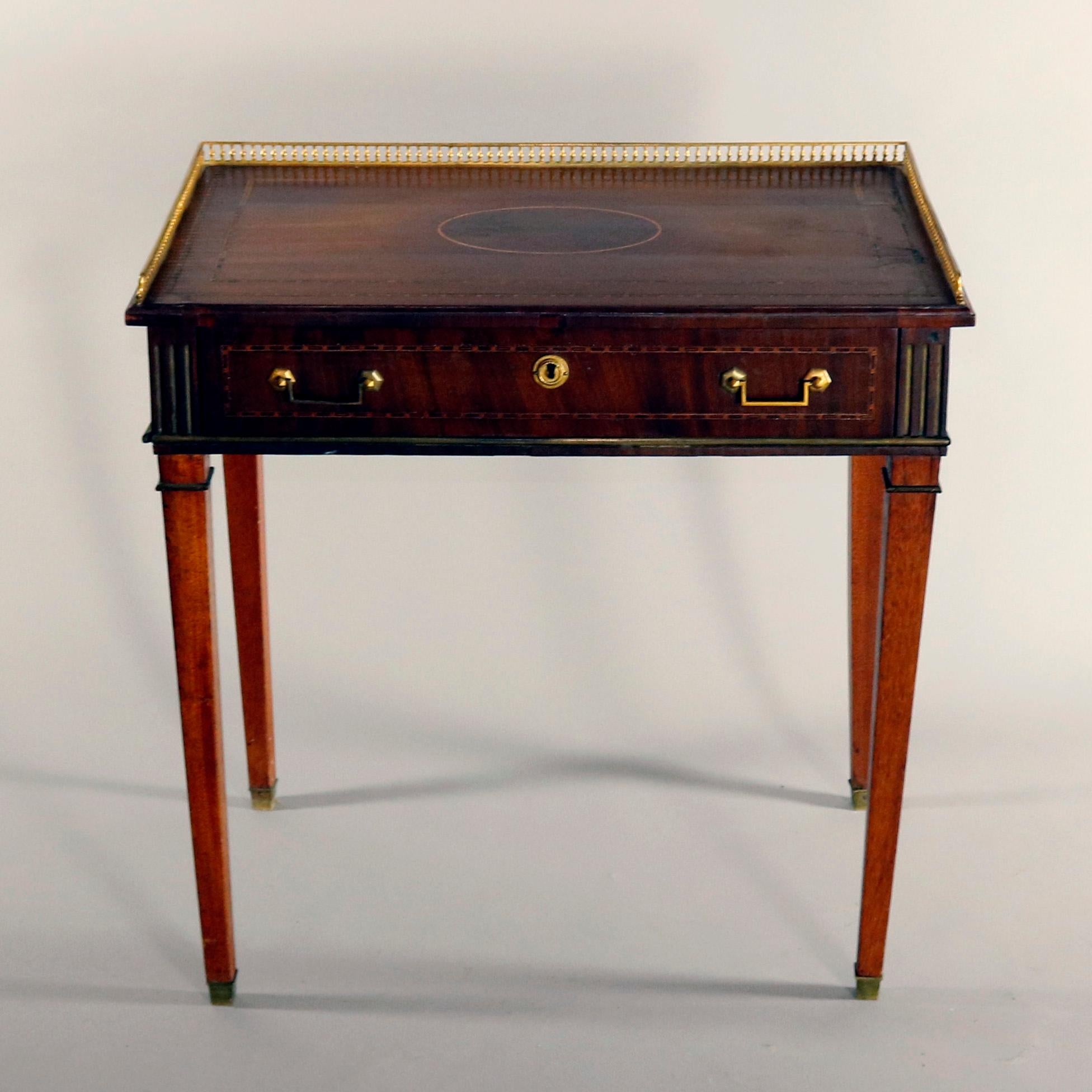 Satinwood Antique English George III Inlaid Mahogany & Bronze Writing Desk, circa 1830