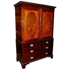 Antique English George III Inlaid Mahogany Linen Press with Original Trays