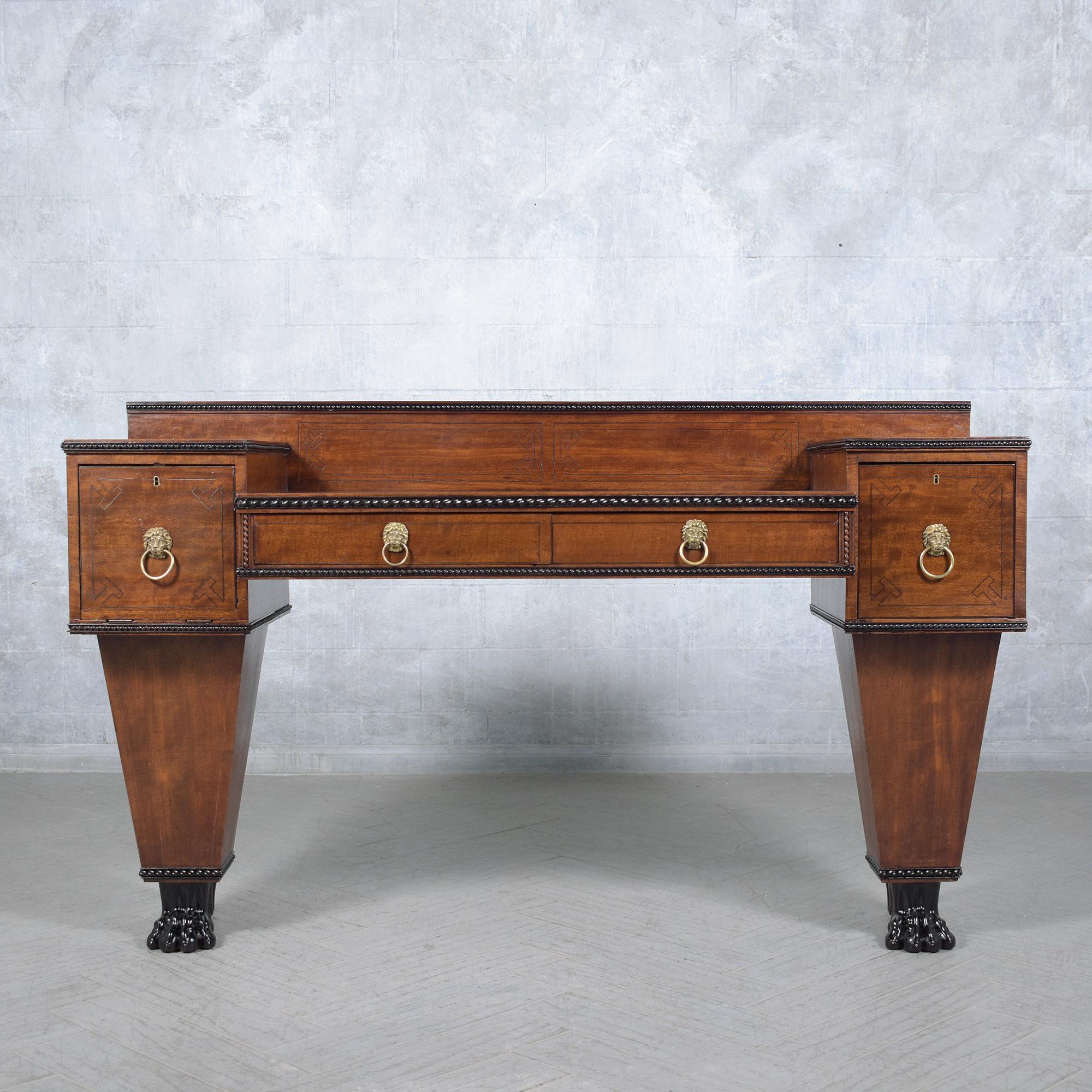 Discover the grandeur of the late 19th century with our George IV sideboard, a testament to exceptional craftsmanship, beautifully executed in exquisite mahogany wood. Meticulously restored by our in-house team of professional craftsmen, this unique