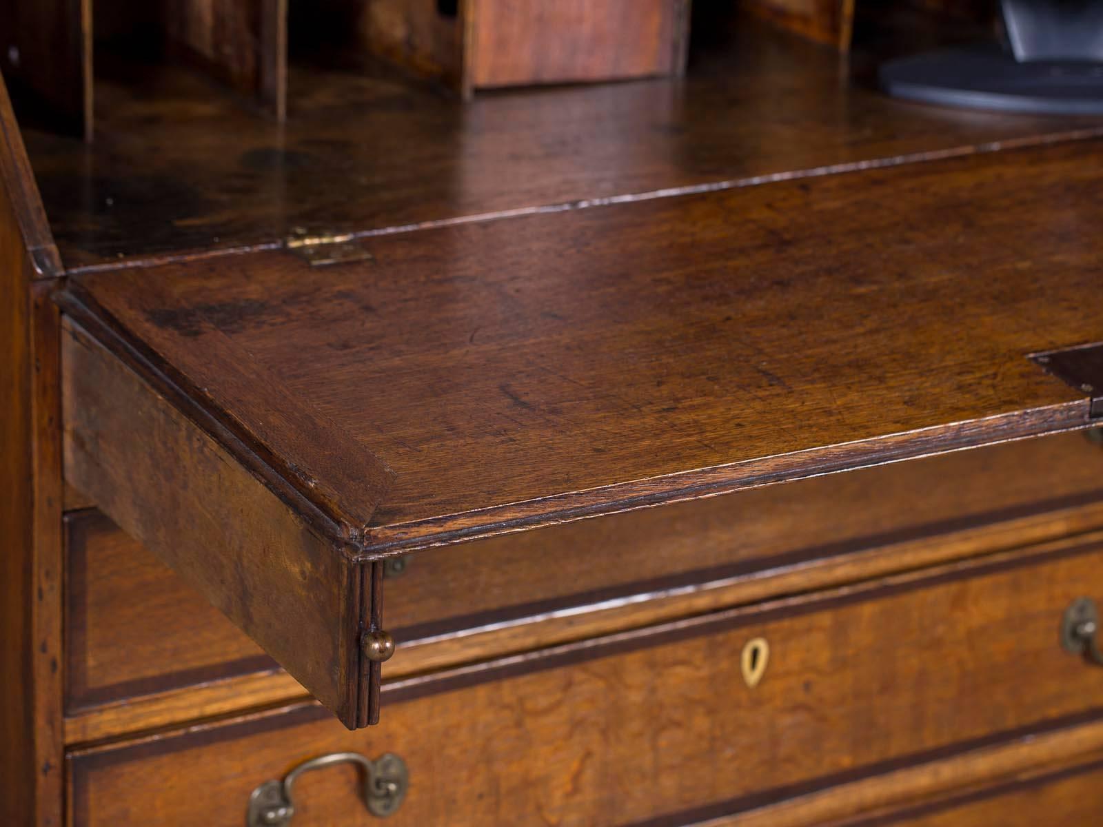 Brass Antique English George III Oak Drop Front Secretary Bureau Chest Desk