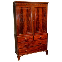 Antique English George IV Bookmatched Flame Mahogany Linen Press