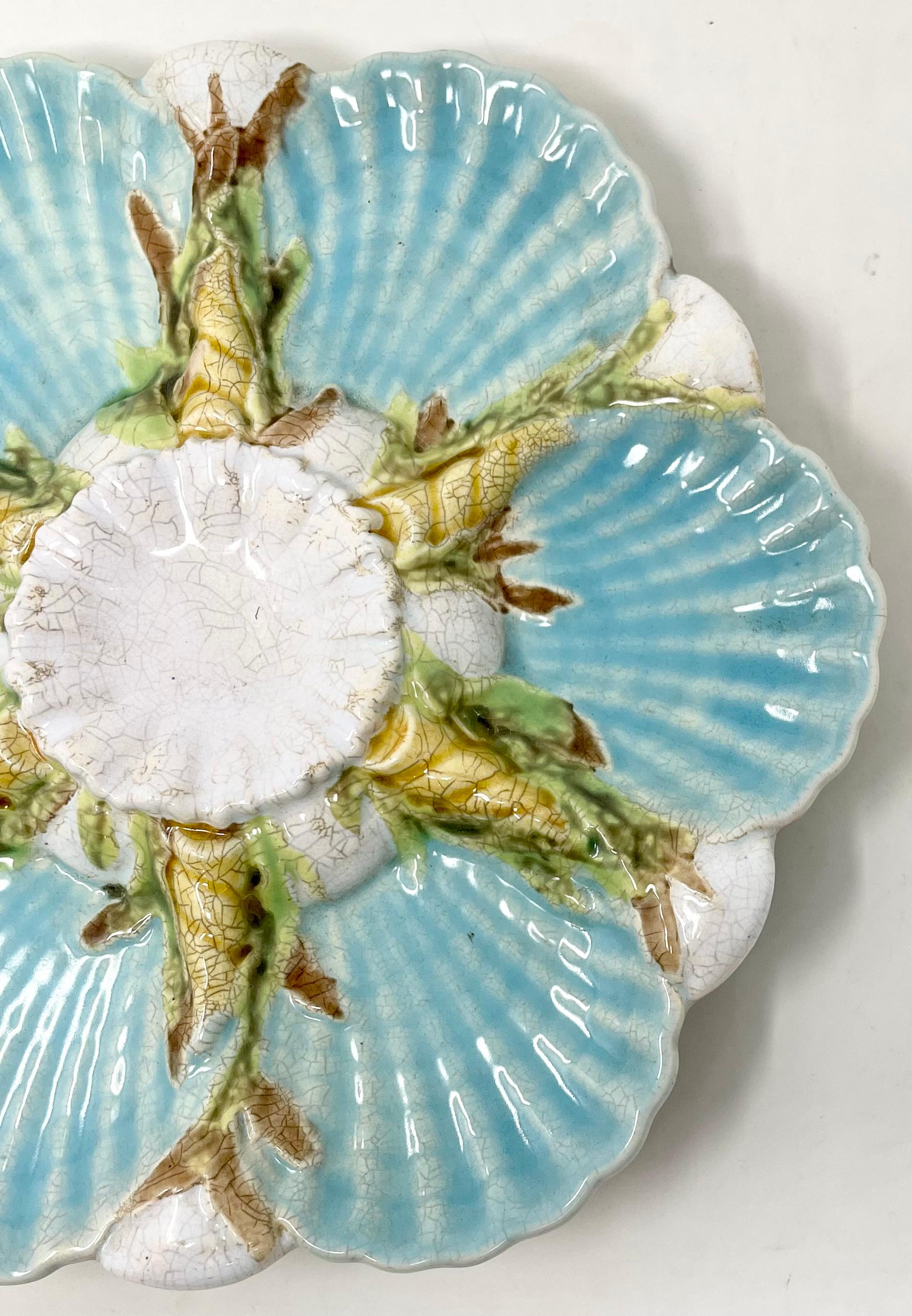 Rare antique English Majolica porcelain oyster plate, signed 