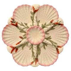 Antiguo plato de ostras inglés de porcelana mayólica George Jones, circa 1870.