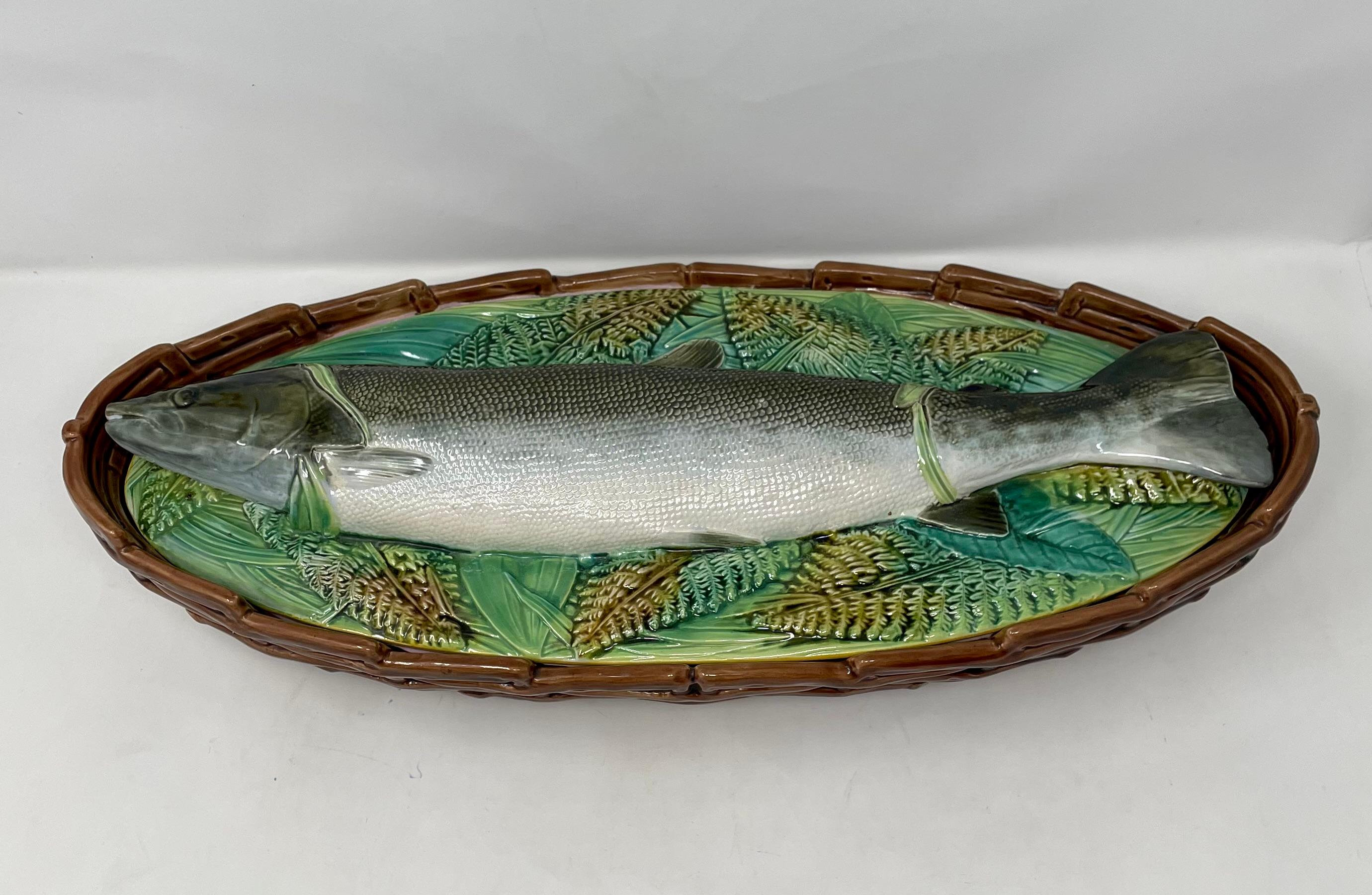 Antique English George Jones Majolica pottery fish tureen in basket & reed design with mackerel, circa 1870.